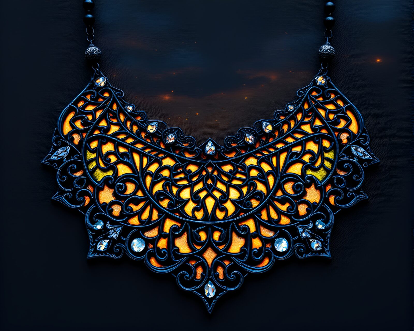 Intricate impasto necklace at twilight with mesmerizing patterns