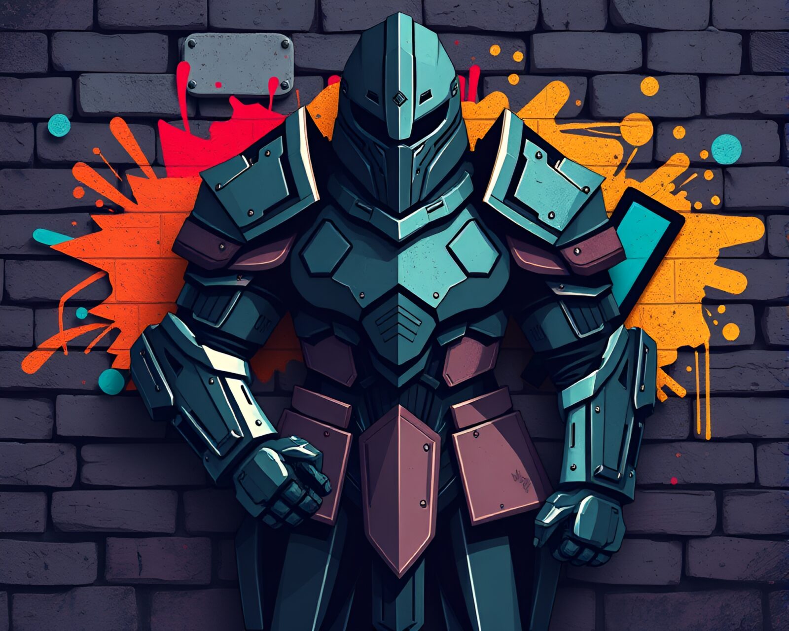 Artistic portrayal of armored female warrior in colorful urban environment