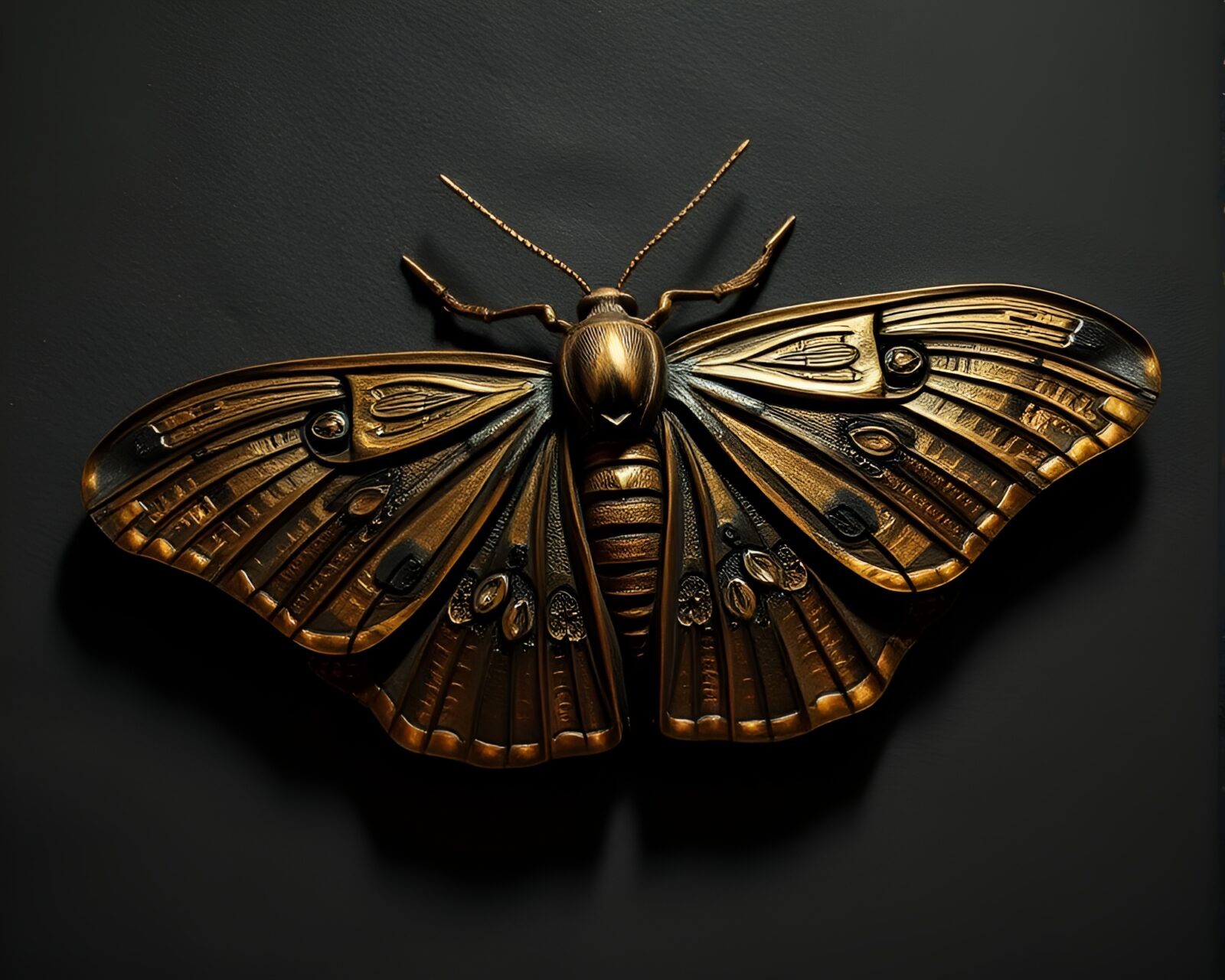 Bronze moth sculpture with intricate contouring in muted lighting