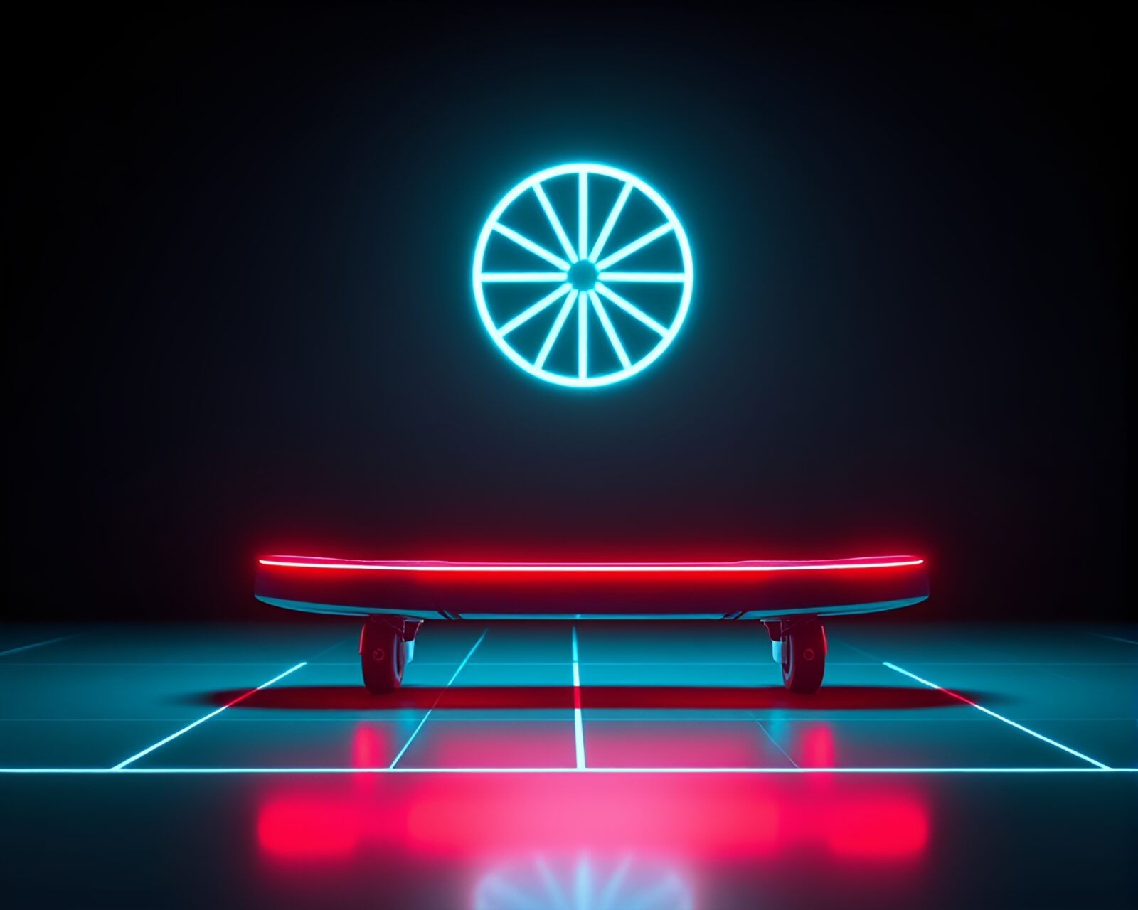 Vibrant neon wireframe hoverboard glowing in dim ambient light