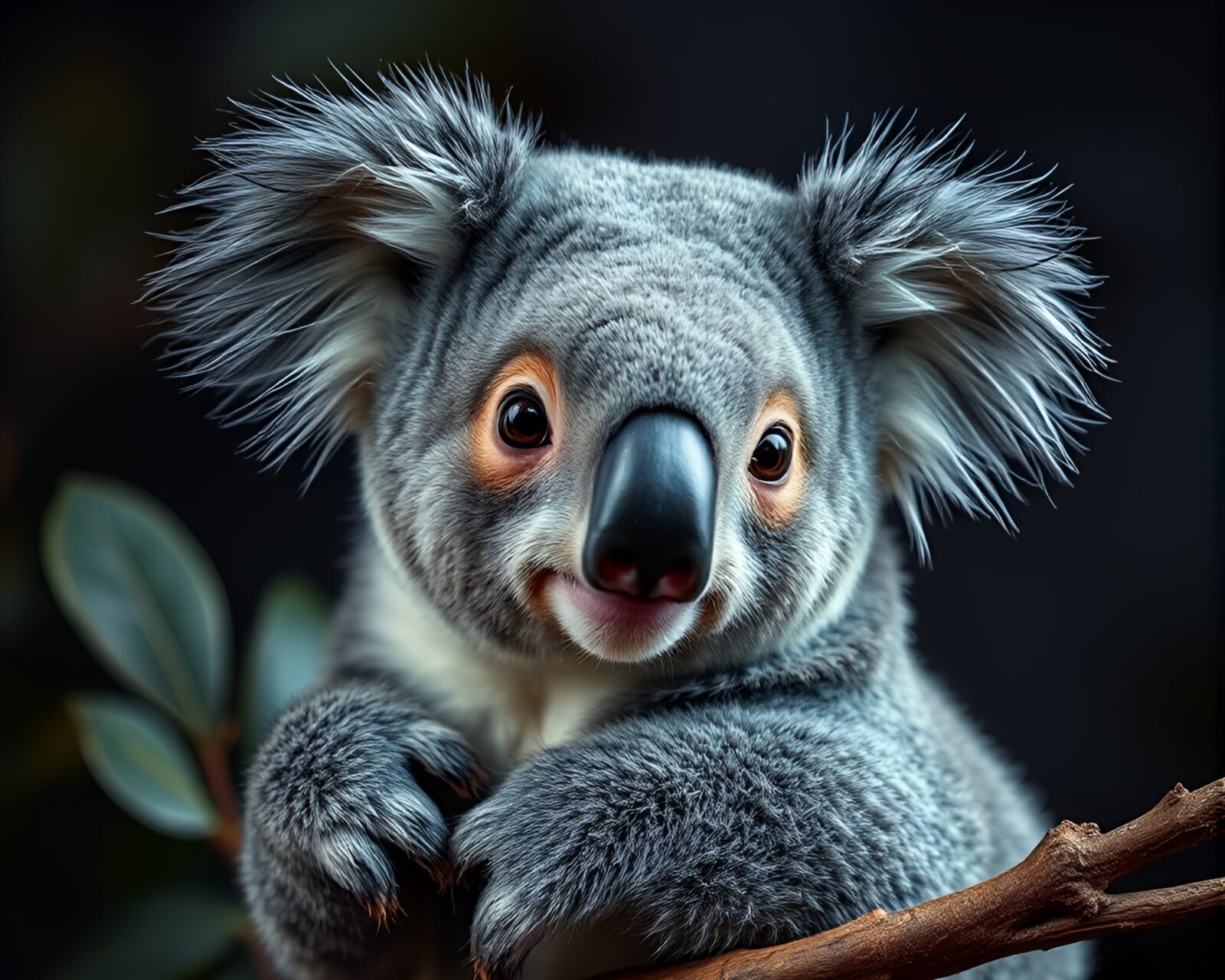 Captivating close-up of a koala with metallic sheen under spotlight