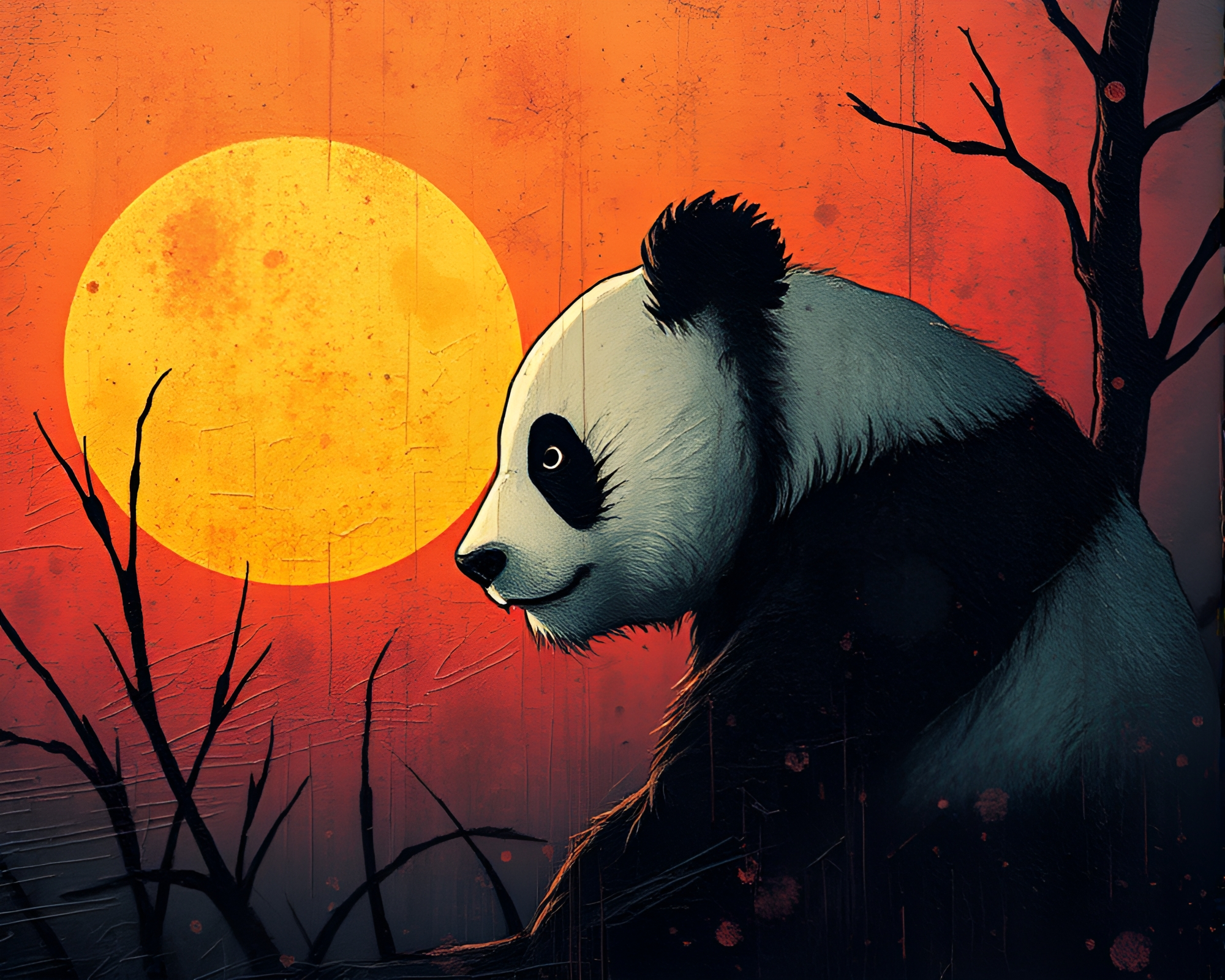 Sunset Panda in Grainy Scratch Texture – free AI stock image