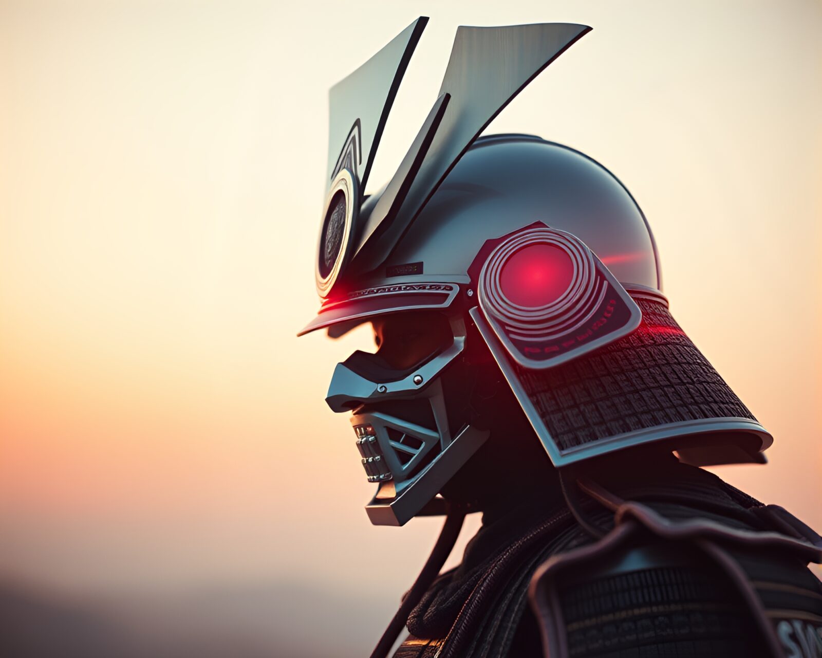 Zoom burst effect on samurai helmet in pastel dystopian setting