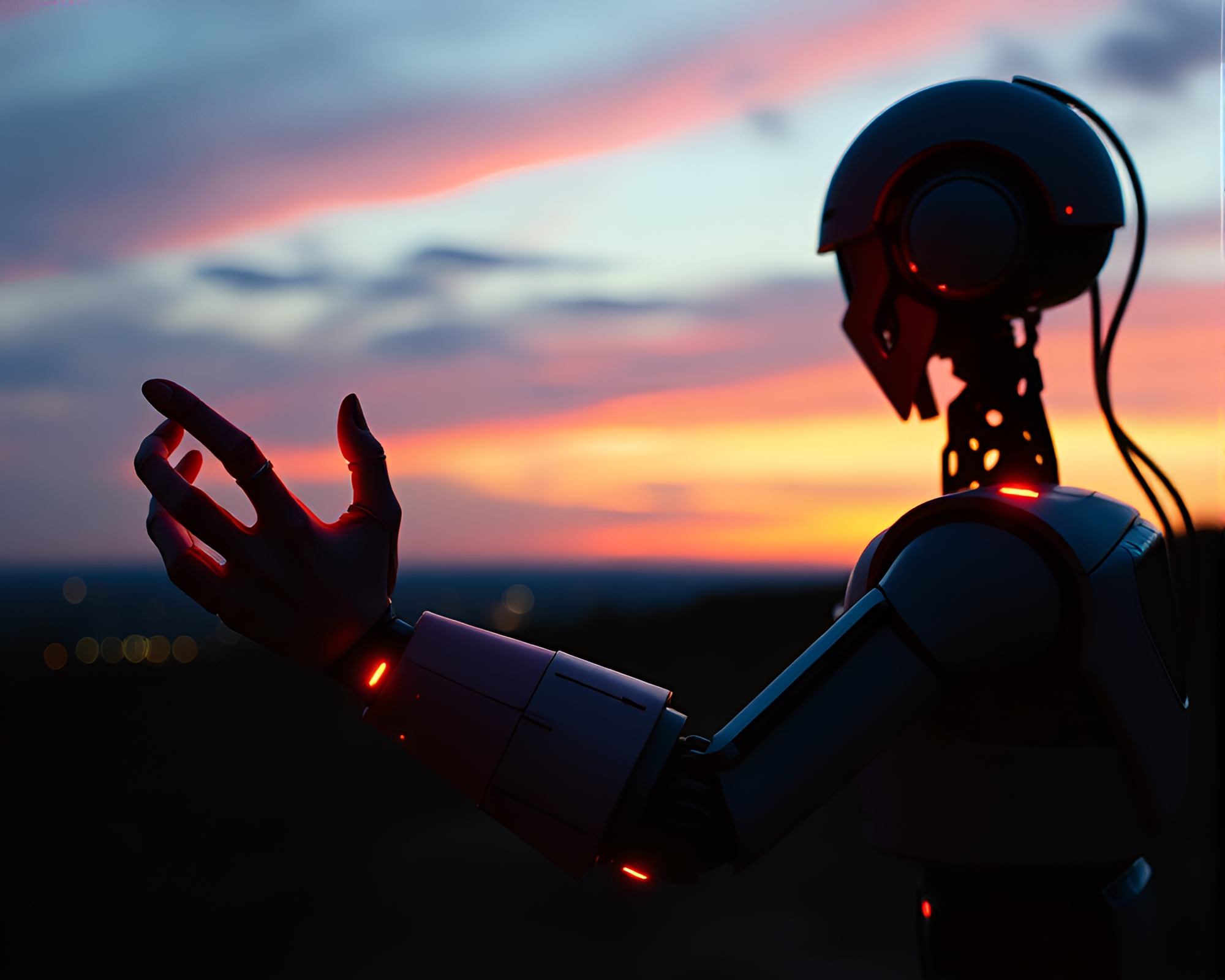 Futuristic Robotic Arm at Dusk Using Pointillism Style – free AI stock image