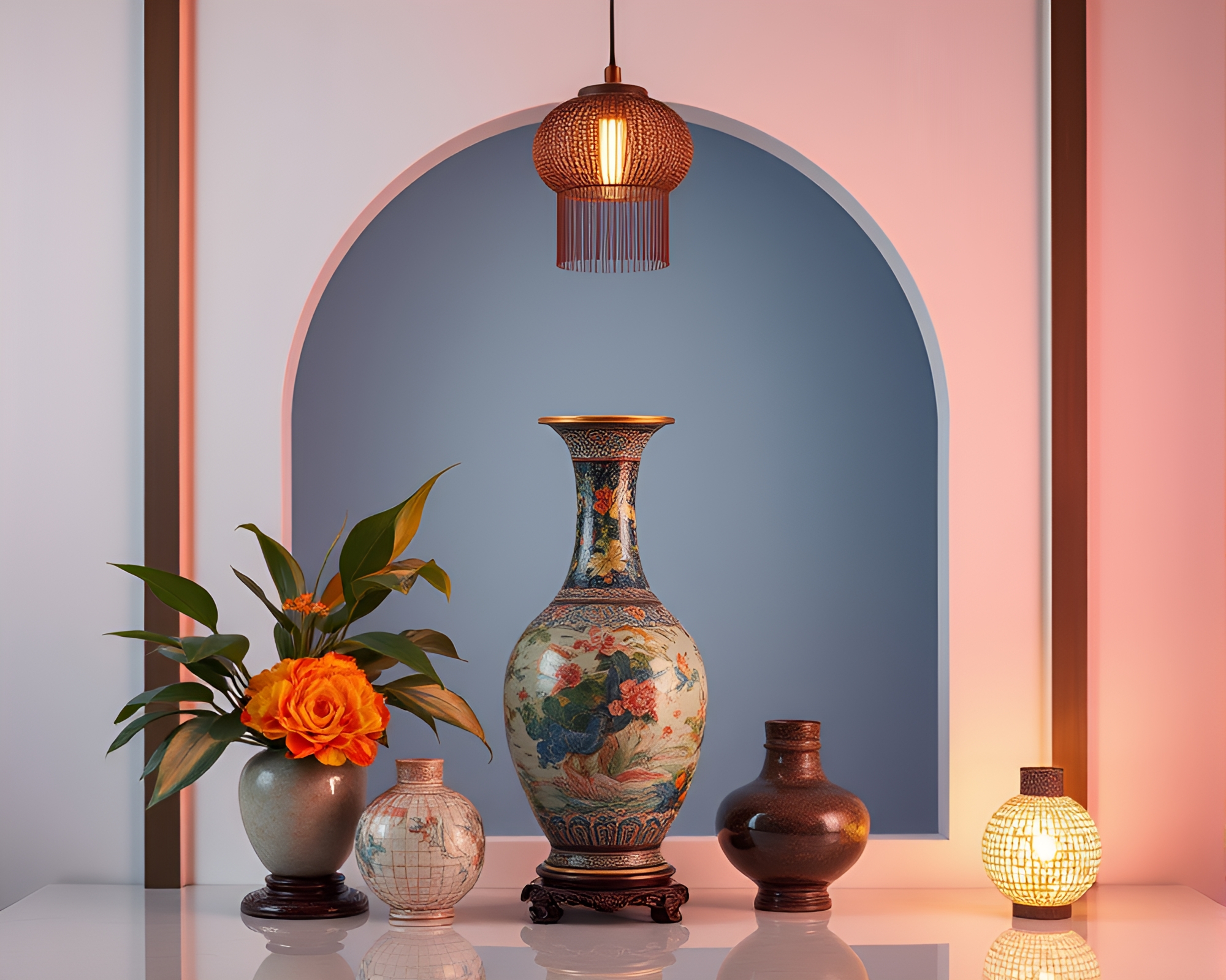 Retrowave Cloisonné Vase Amid High-Key Lighting – free AI stock image