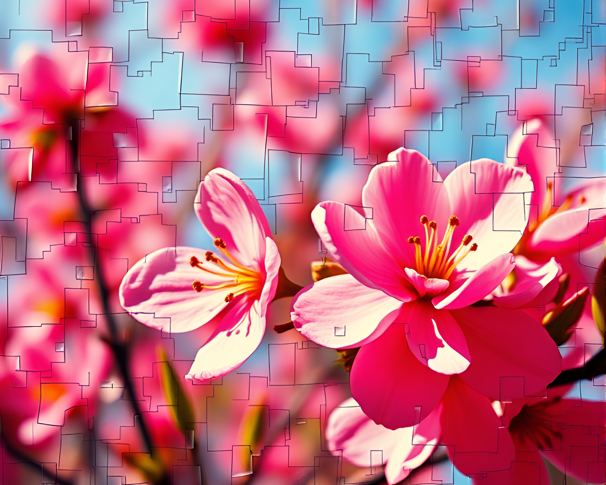 Spring Blossom Mosaic in Neon Retro Film – free AI stock image