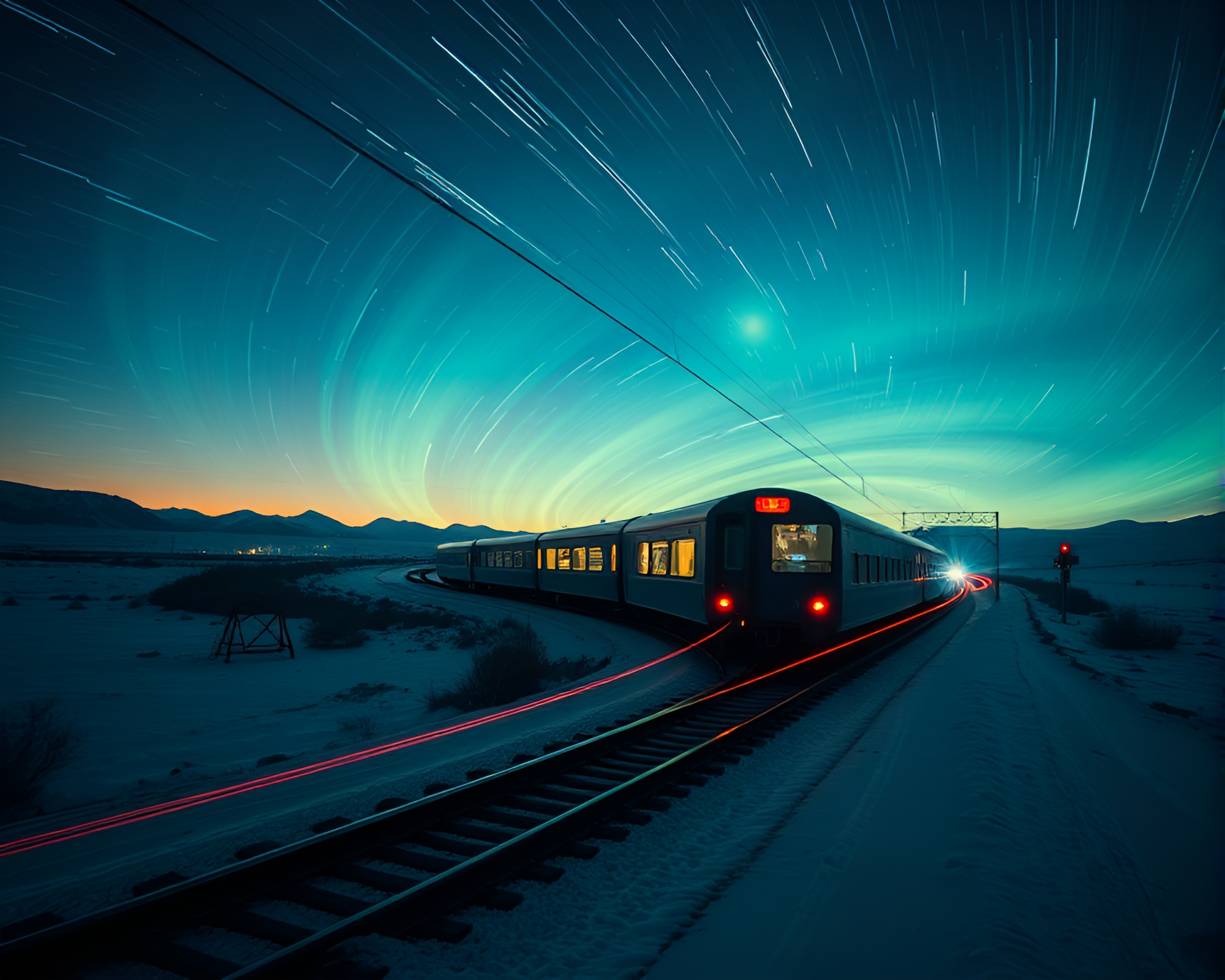 Retro Futurism Train Light Trails During Polar Twilight – free AI stock image