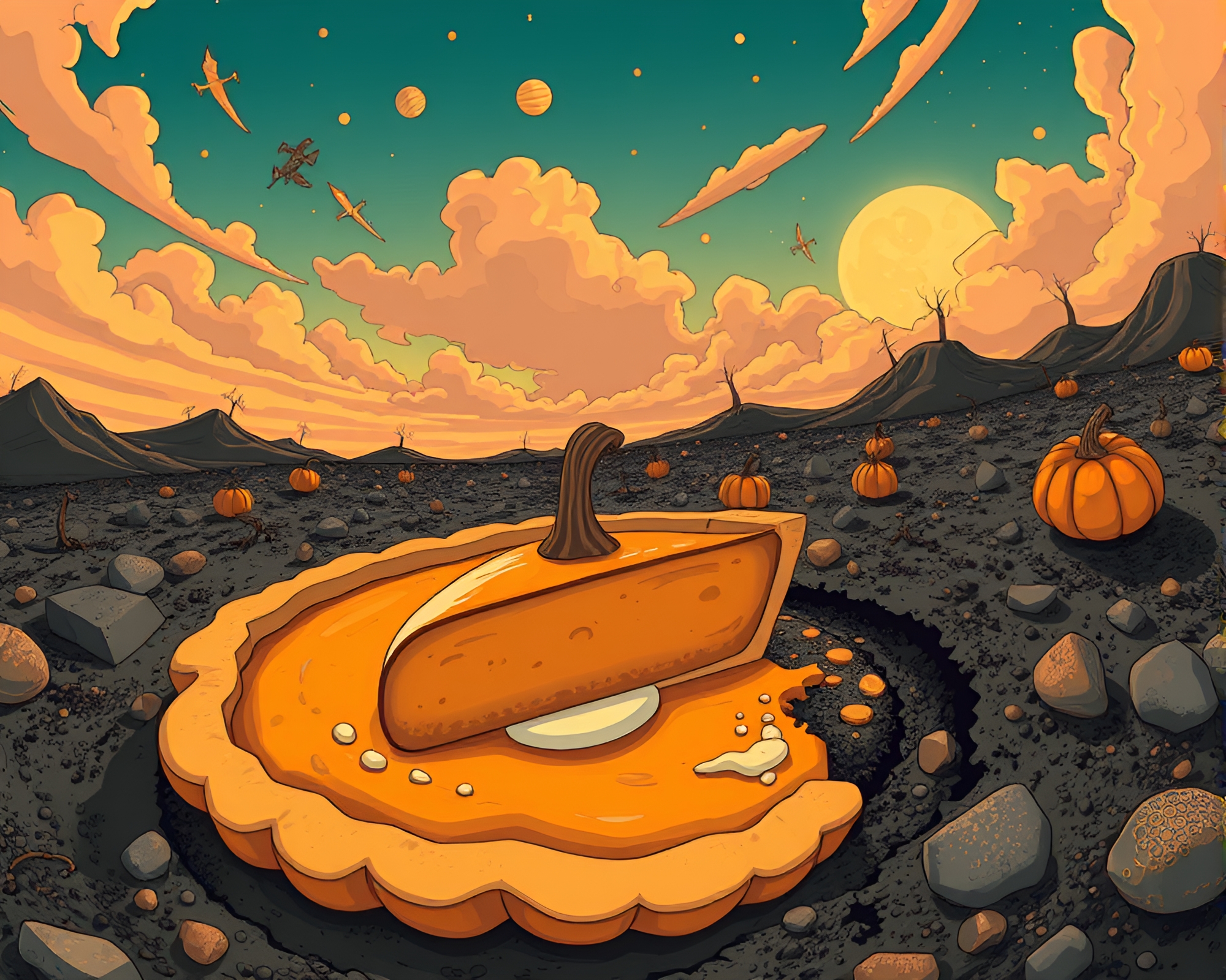 Whimsical Pumpkin Pie Volcano Cartoon Illustration – free AI stock image