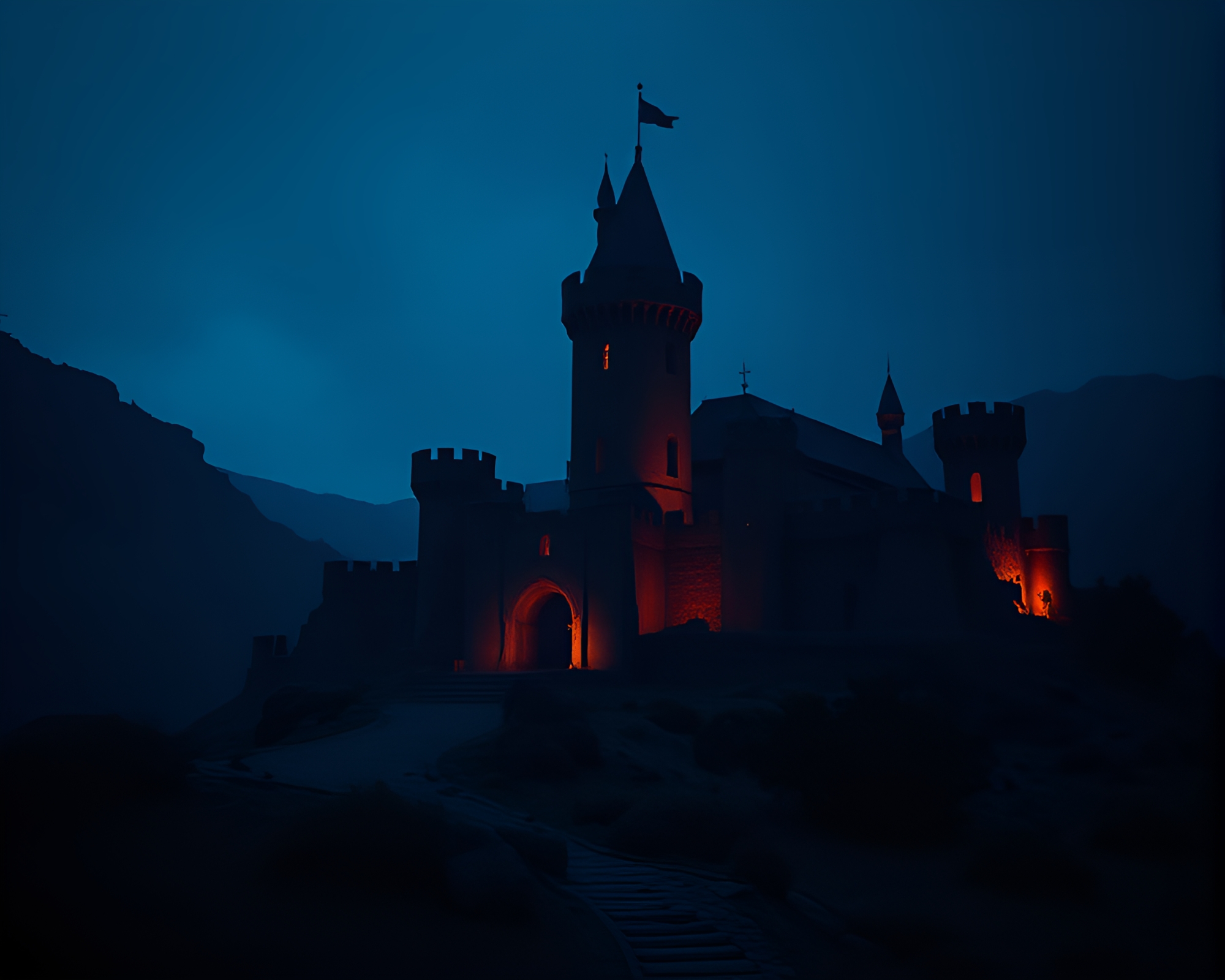 Mysterious Deserted Castle Amidst Indigo Film Burns – free AI stock image