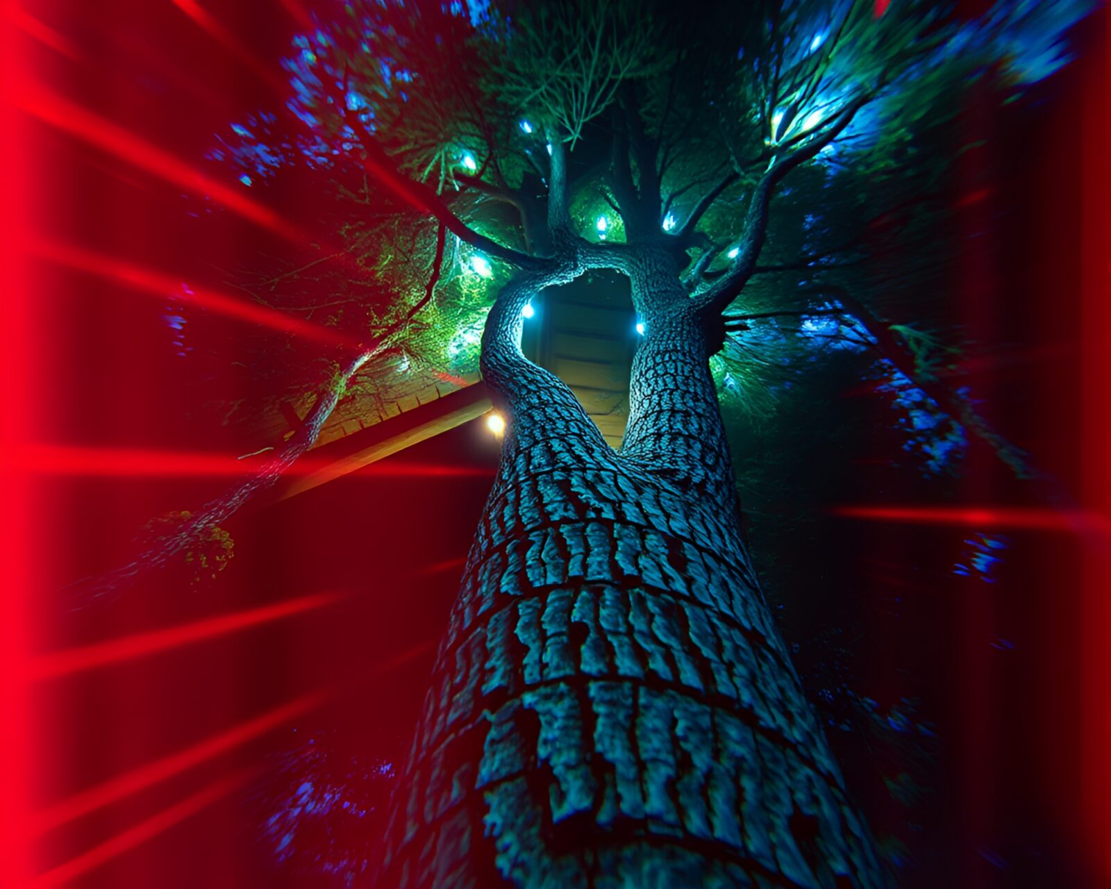 Detailed extreme close-up of a treehouse with light leaks