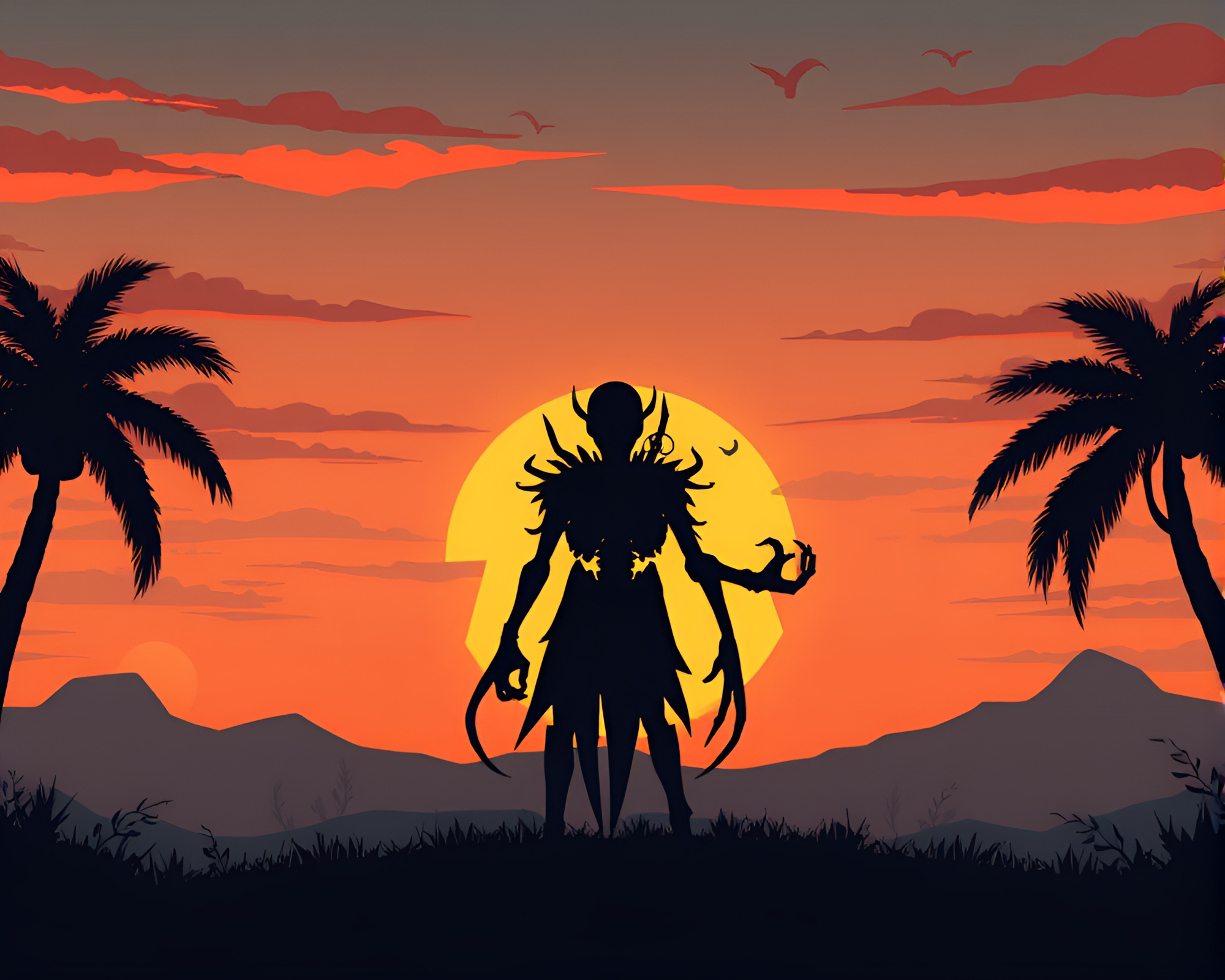 Vaporwave Sunset Silhouette in Necromantic Cartoon Style – free AI stock image