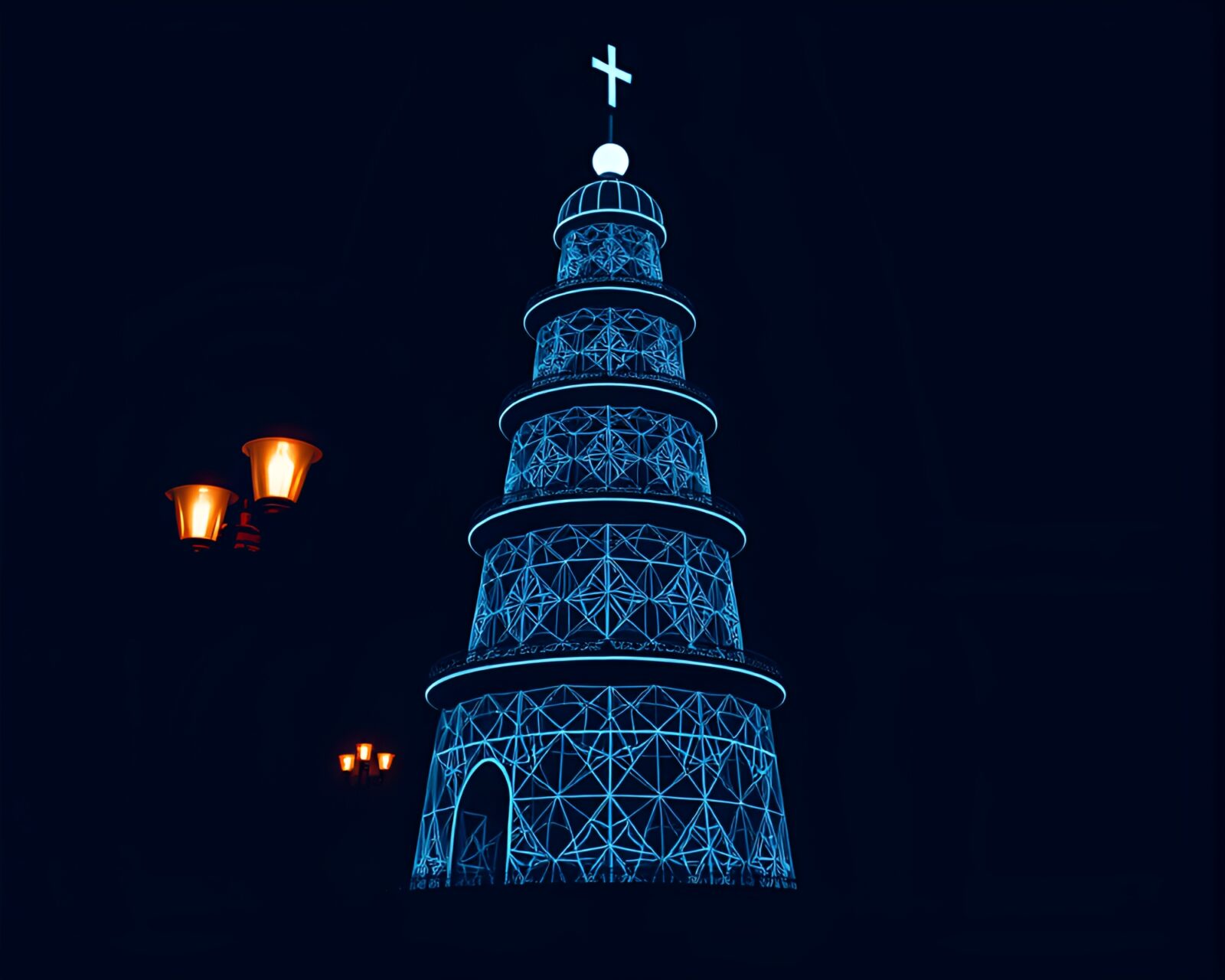 Abstract blueprints forming geometric cupcake tower under streetlamp glow