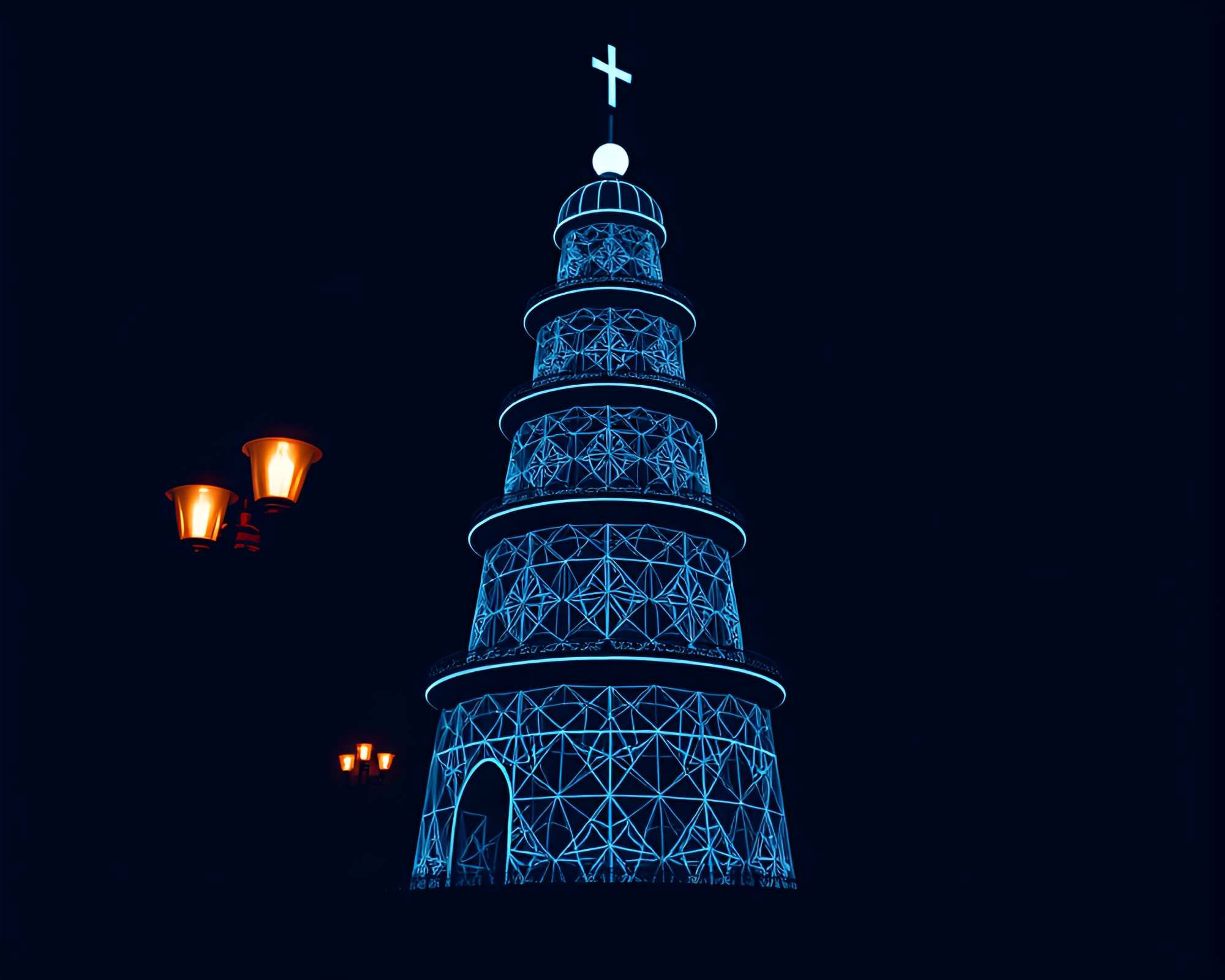 Cupcake Tower Illuminated by Streetlamp Blueprint Glow – free AI stock image