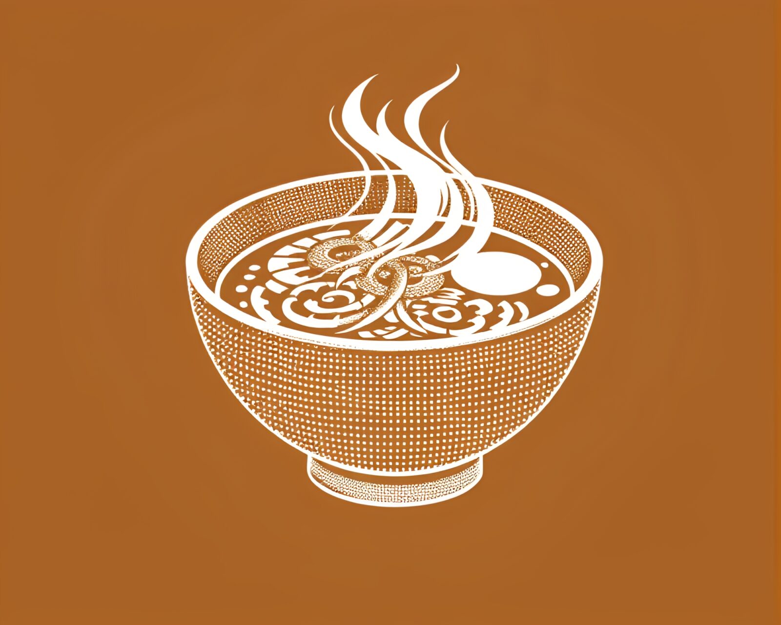 Sepia-toned ramen bowl surrounded by halftone grid pattern