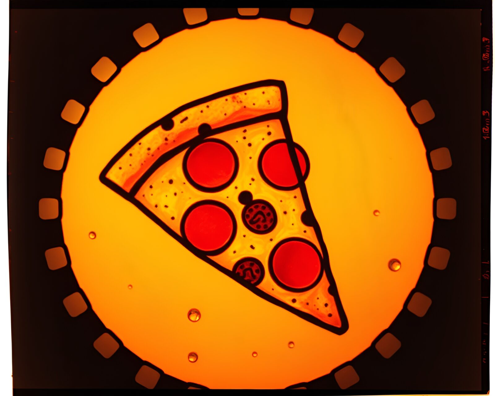 Colorful stained glass pizza slice with film sprocket hole borders