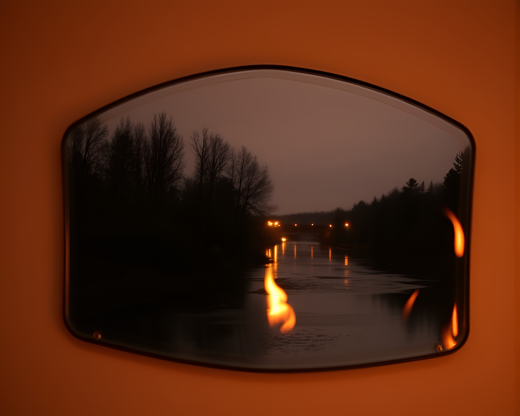 Savage River Reflection in Mirror Shard by Fireplace Light – free AI stock image