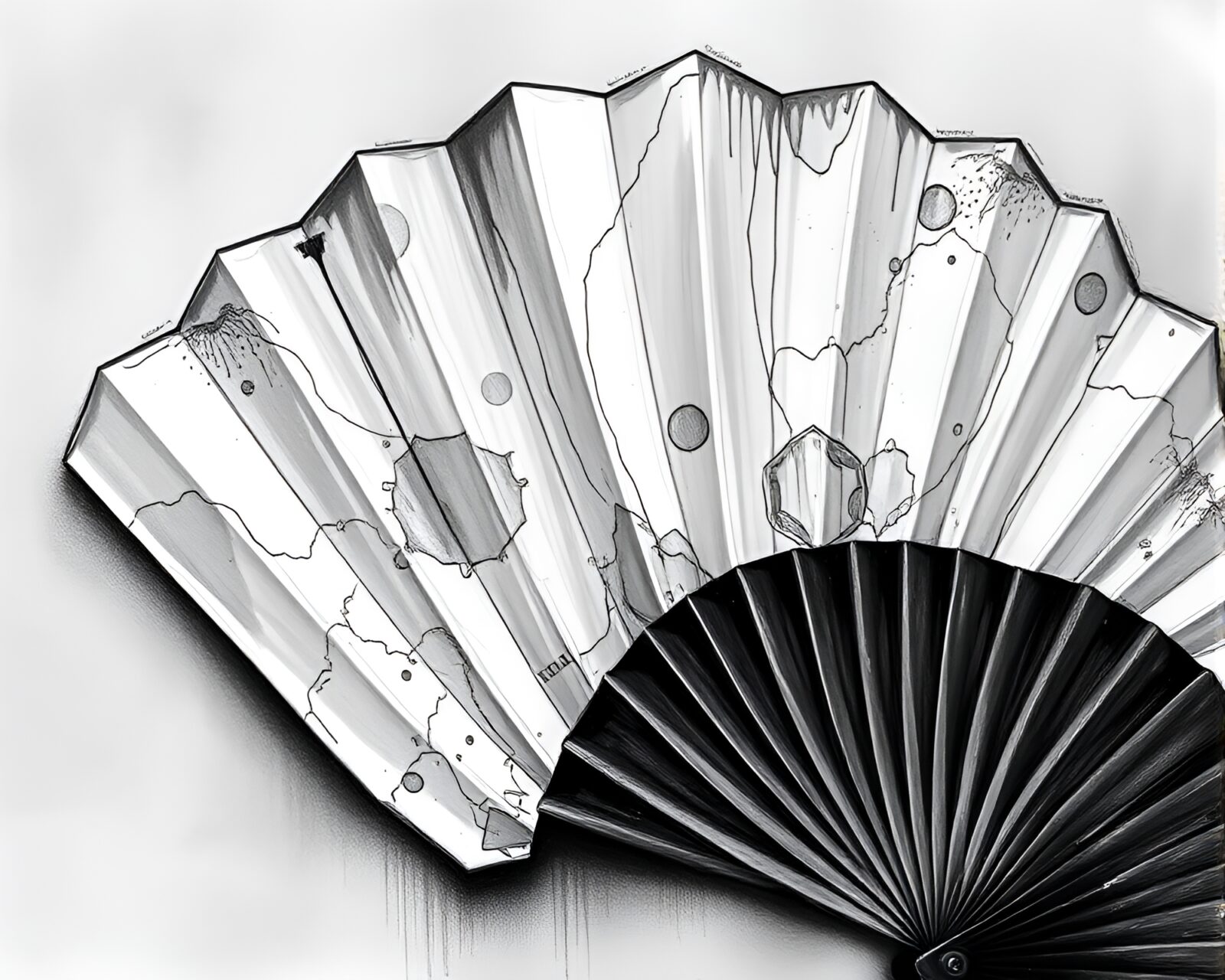 Close-up illustration of a hand-painted fan with futuristic style