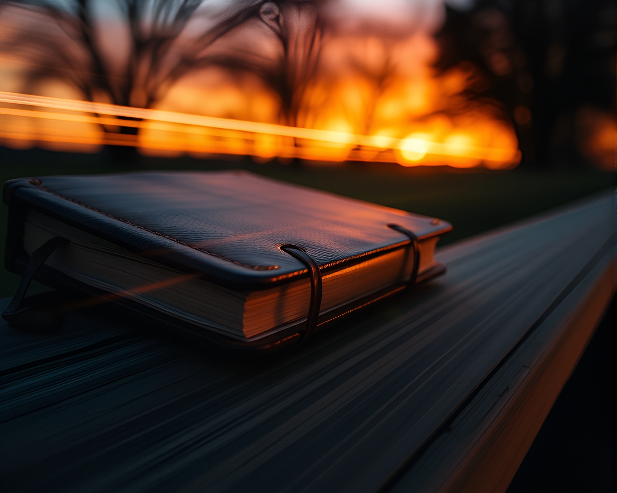 Leather-Bound Diary in Motion Blur at Golden Hour Dusk – free AI stock image