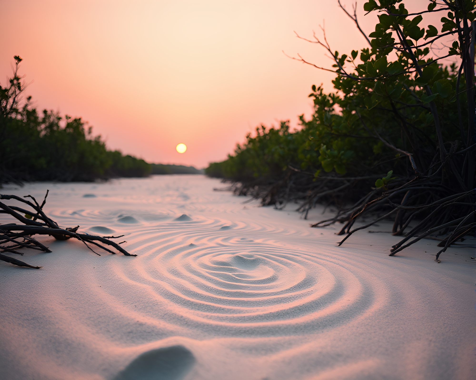 Sunrise Glow over Swirling Sand Patterns in Mangrove Swamp – free AI stock image