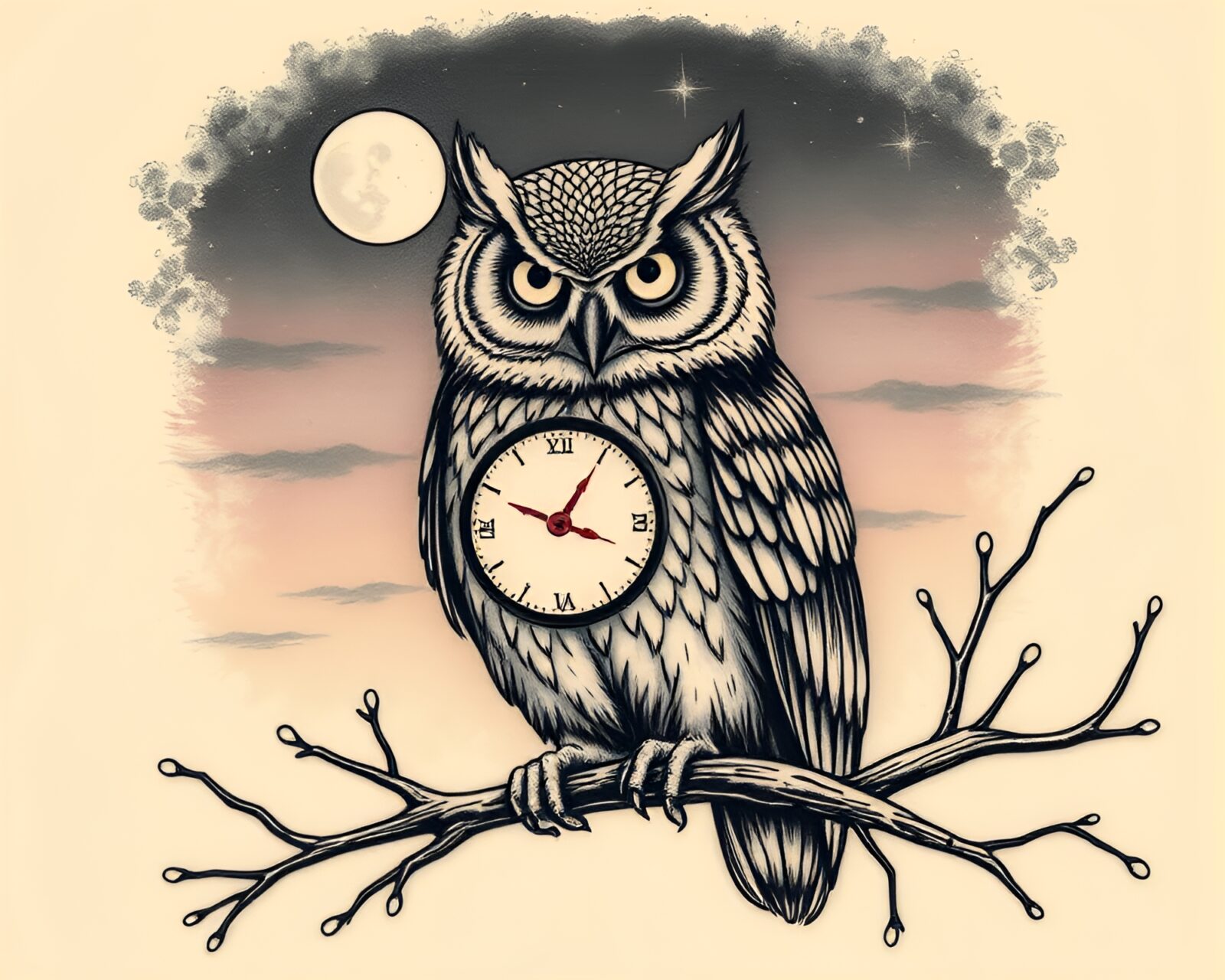 Intricate etched clockwork owl design in dusk lighting