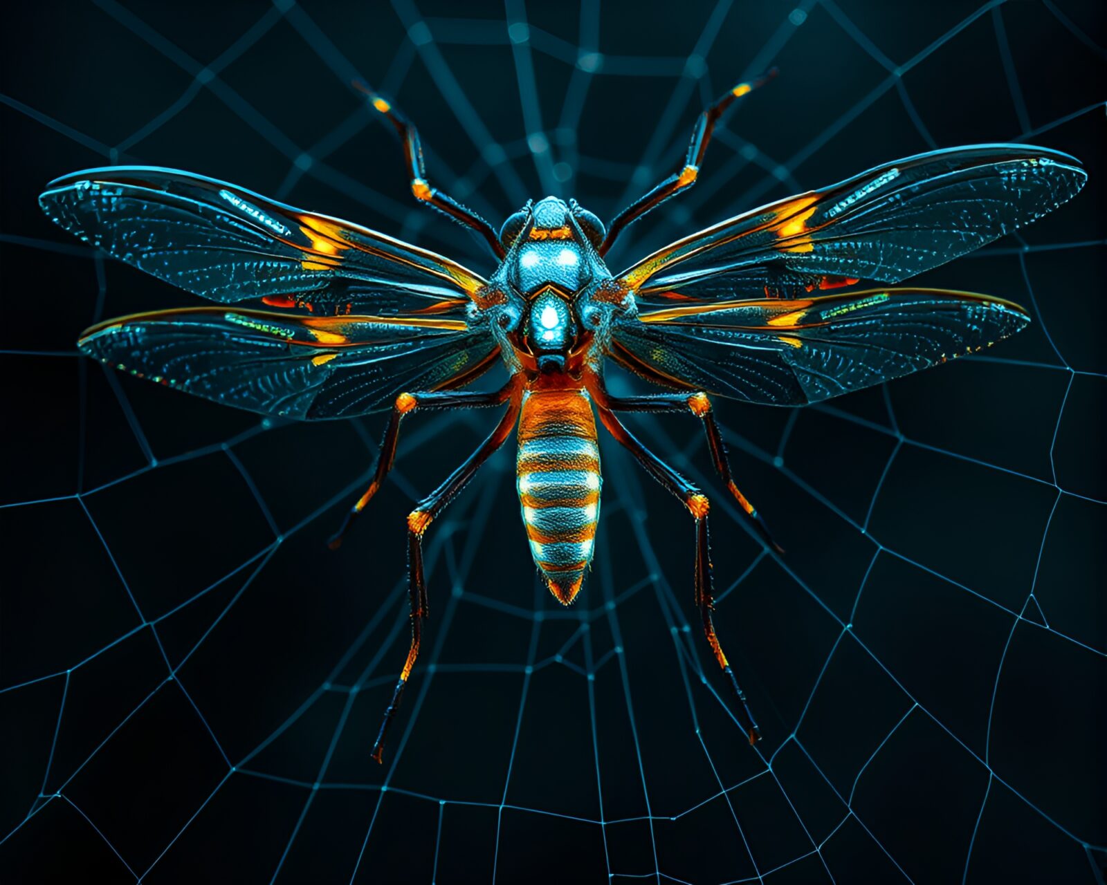 Medical illustration of luminescent exoskeleton suit caught in cobweb strands