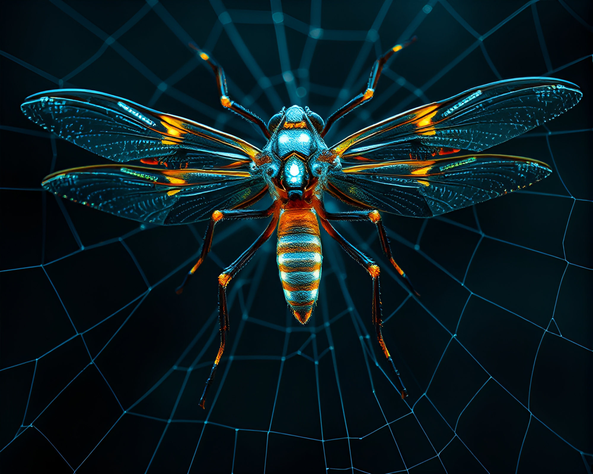 Exoskeleton Suit in Cobweb Strands with Firefly Light – free AI stock image