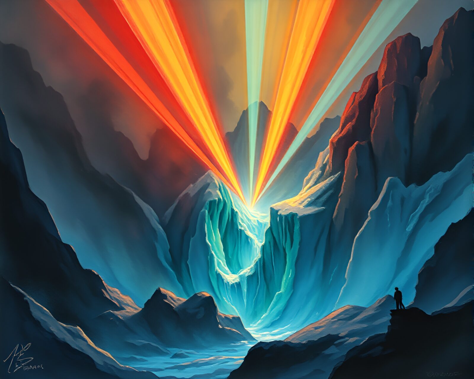 Gouache painting of icy dungeon illuminated by laser beams