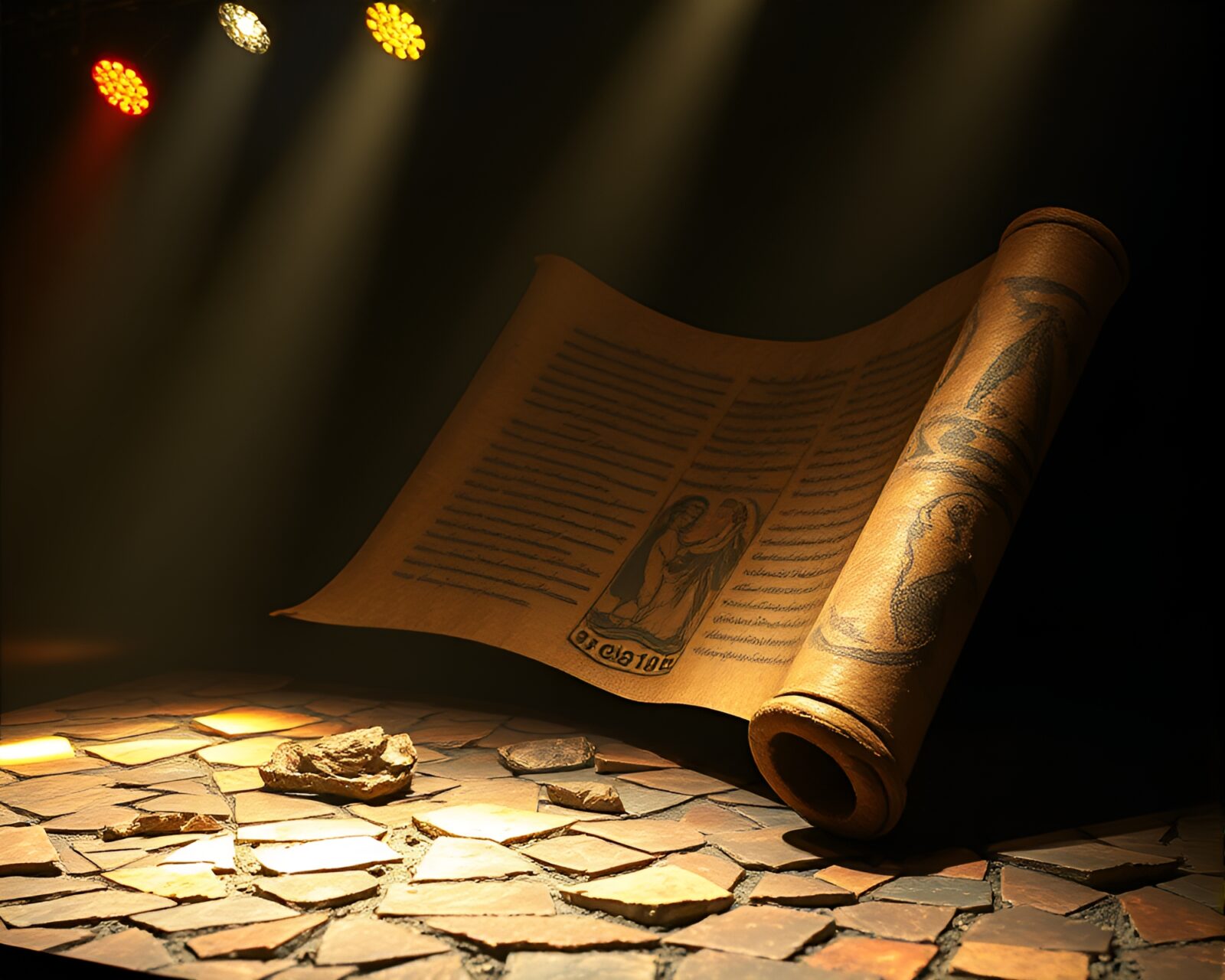 Abstract mosaic of broken scrolls amidst colorful stage lights