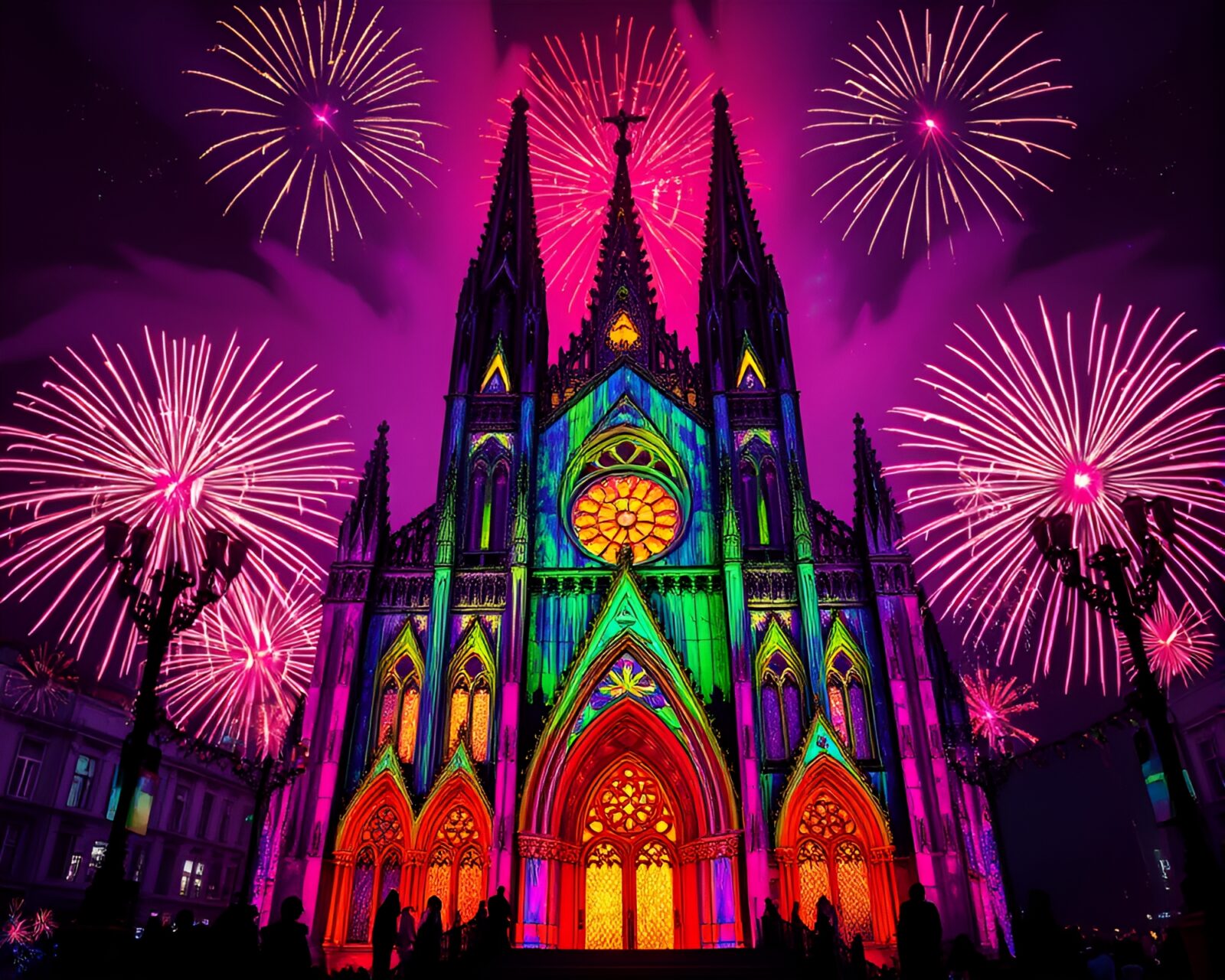 Spectacular display of ultraviolet fireworks lighting up Gothic cathedral