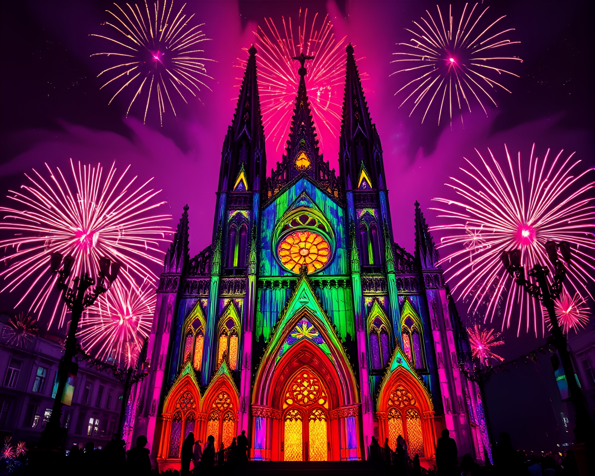 Gothic Cathedral Illuminated by Ultraviolet Fireworks – free AI stock image