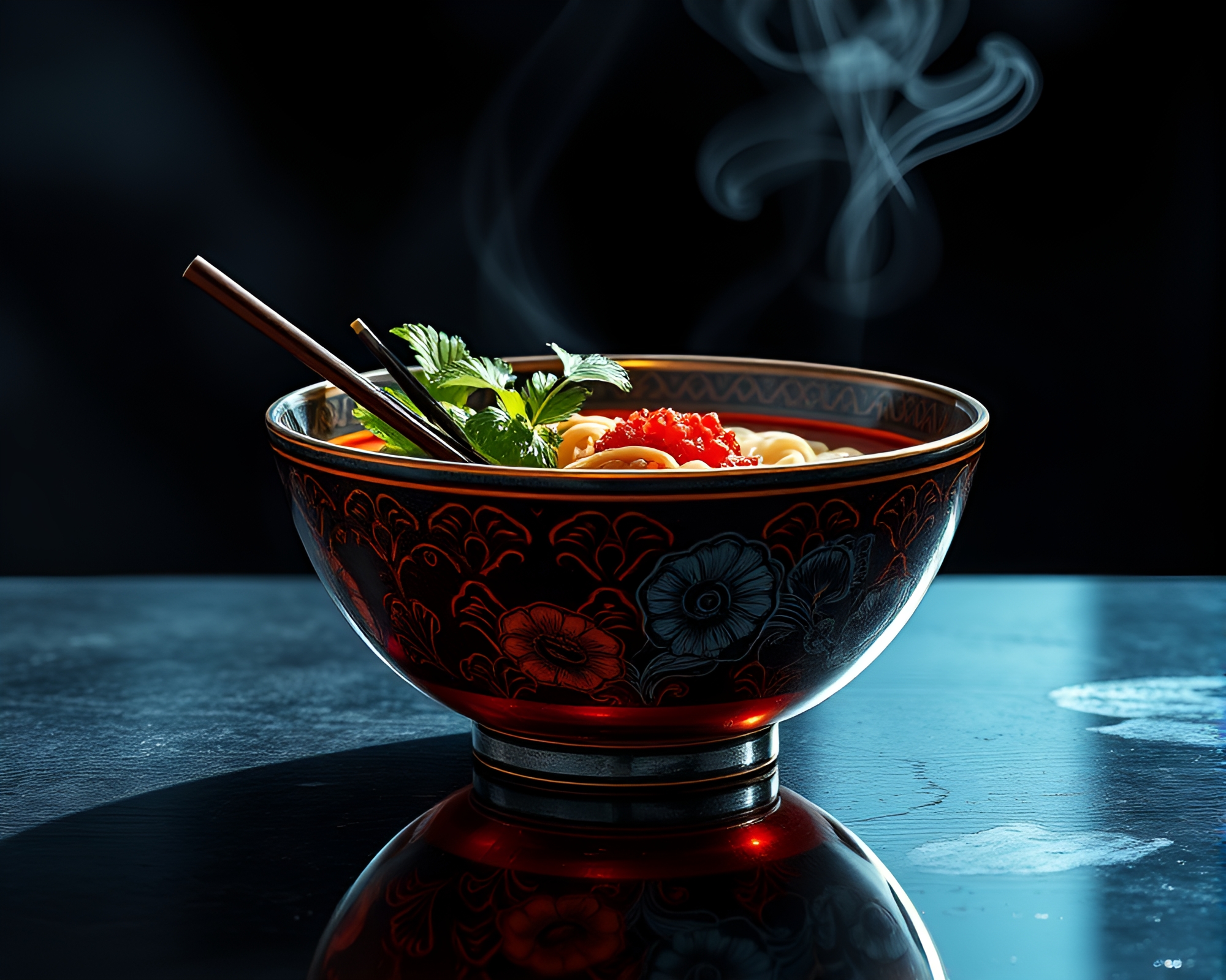 Engraved Reflections: Shimmering Ramen Harmony – free AI stock image