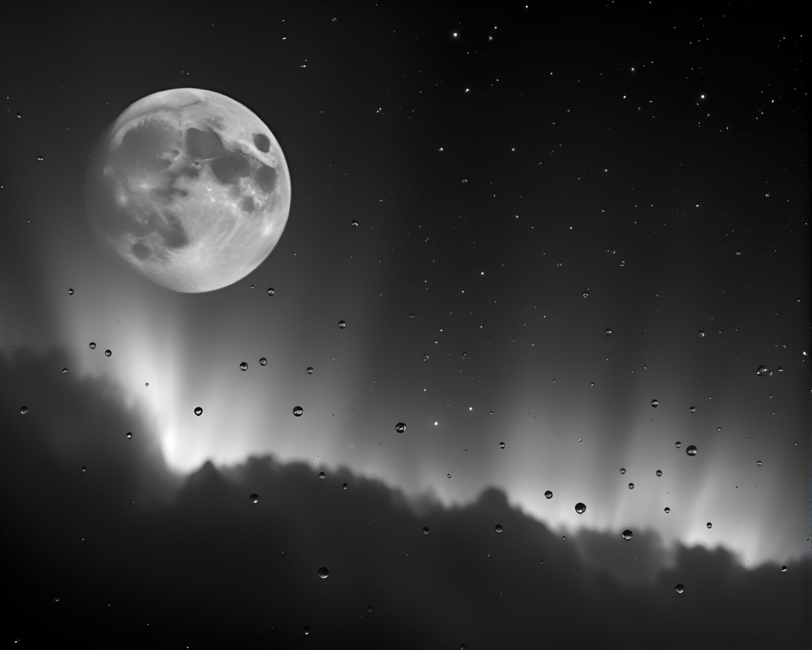 Mystical lunar grayscale water droplets against an aurora sky