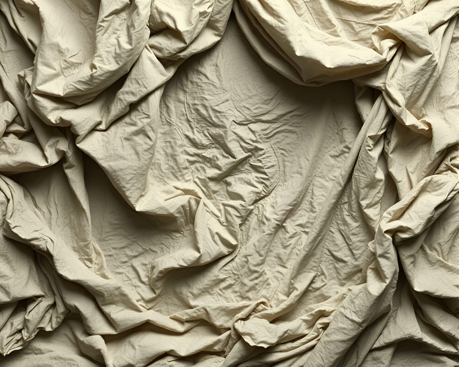 Dark, atmospheric image with intricate fabric folds and hatching details