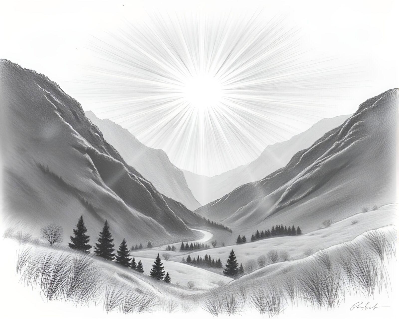 Pencil sketch of a valley with double reflection and solar flare glow