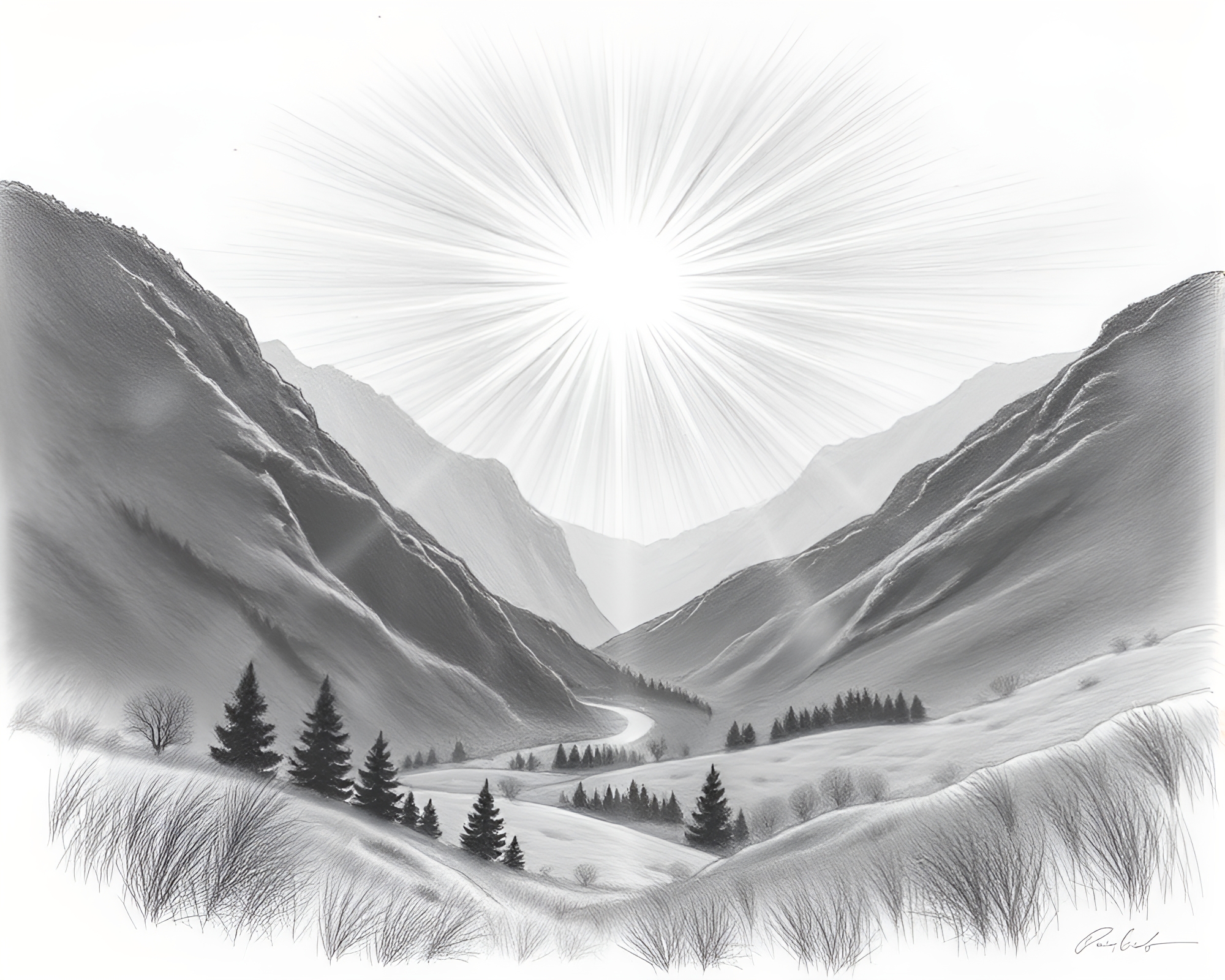 Valley Double Reflection, Solar Flare Glow Sketch – free AI stock image