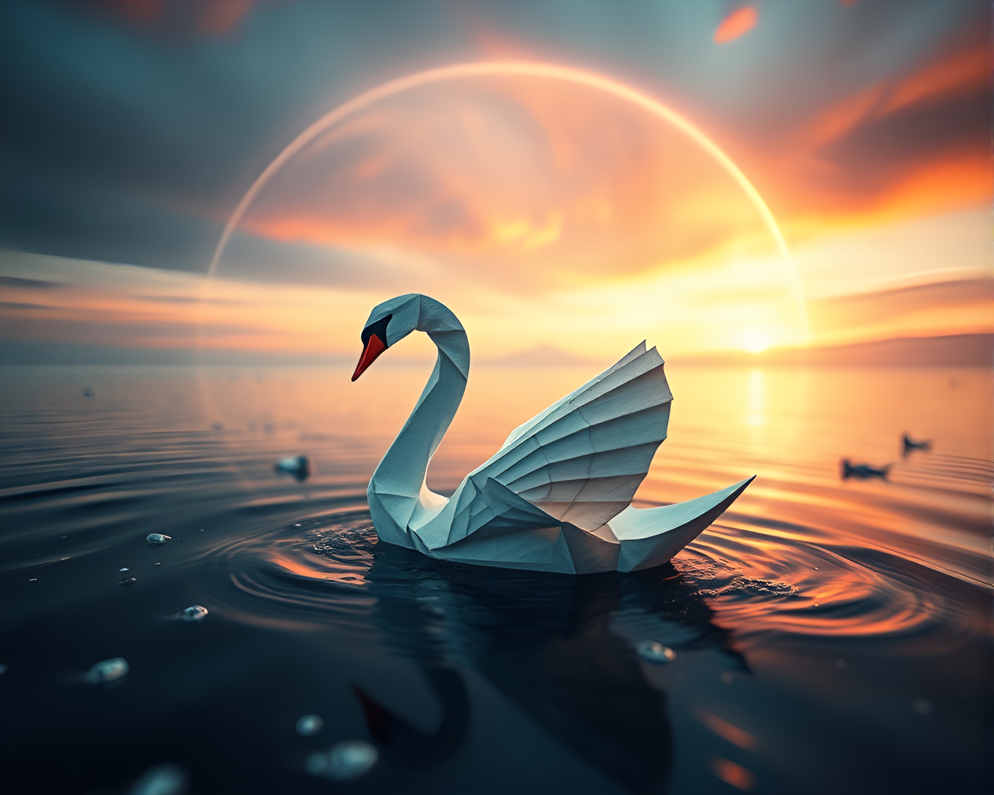 Twilight Dystopian Origami: Lens Distorted Swan – free AI stock image