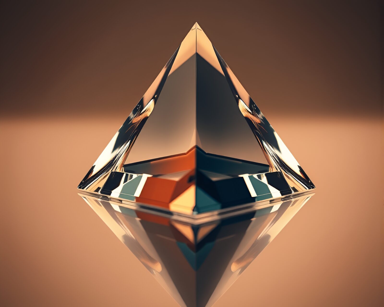 Glass pyramid reflecting in chrome with jewel tones in sepia style