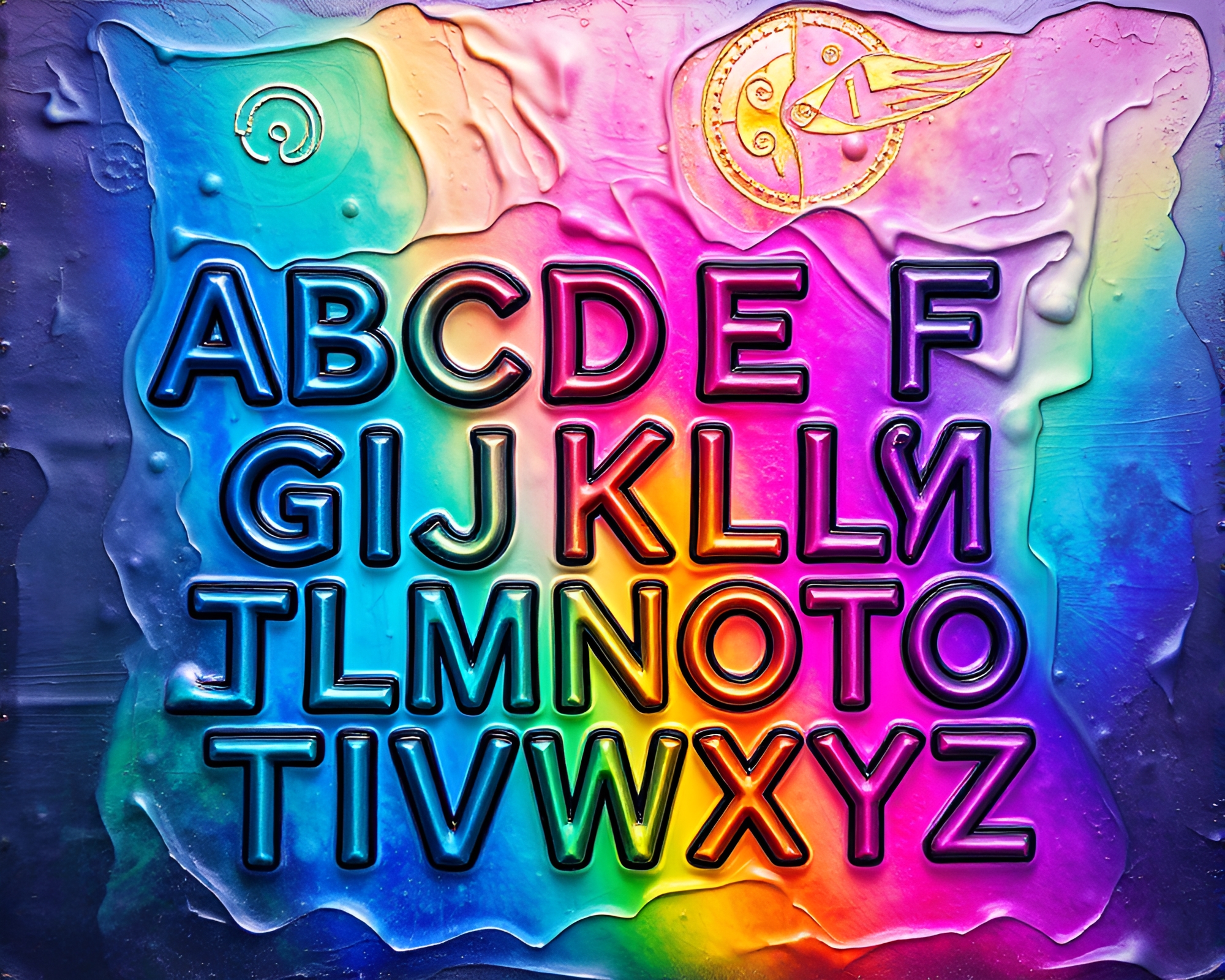 Enigmatic Runic Alphabet in Oil Slick Rainbow Light – free AI stock image