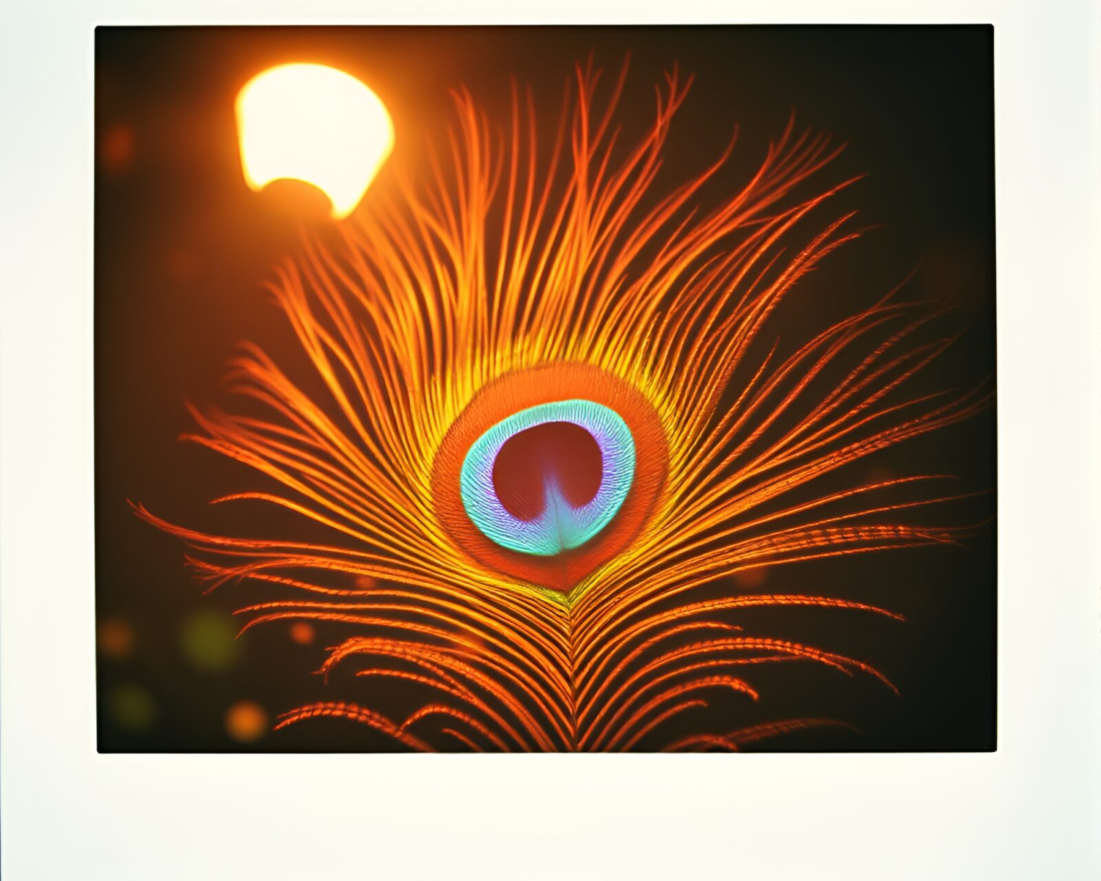 Colorful fractal peacock feather under warm streetlamp light