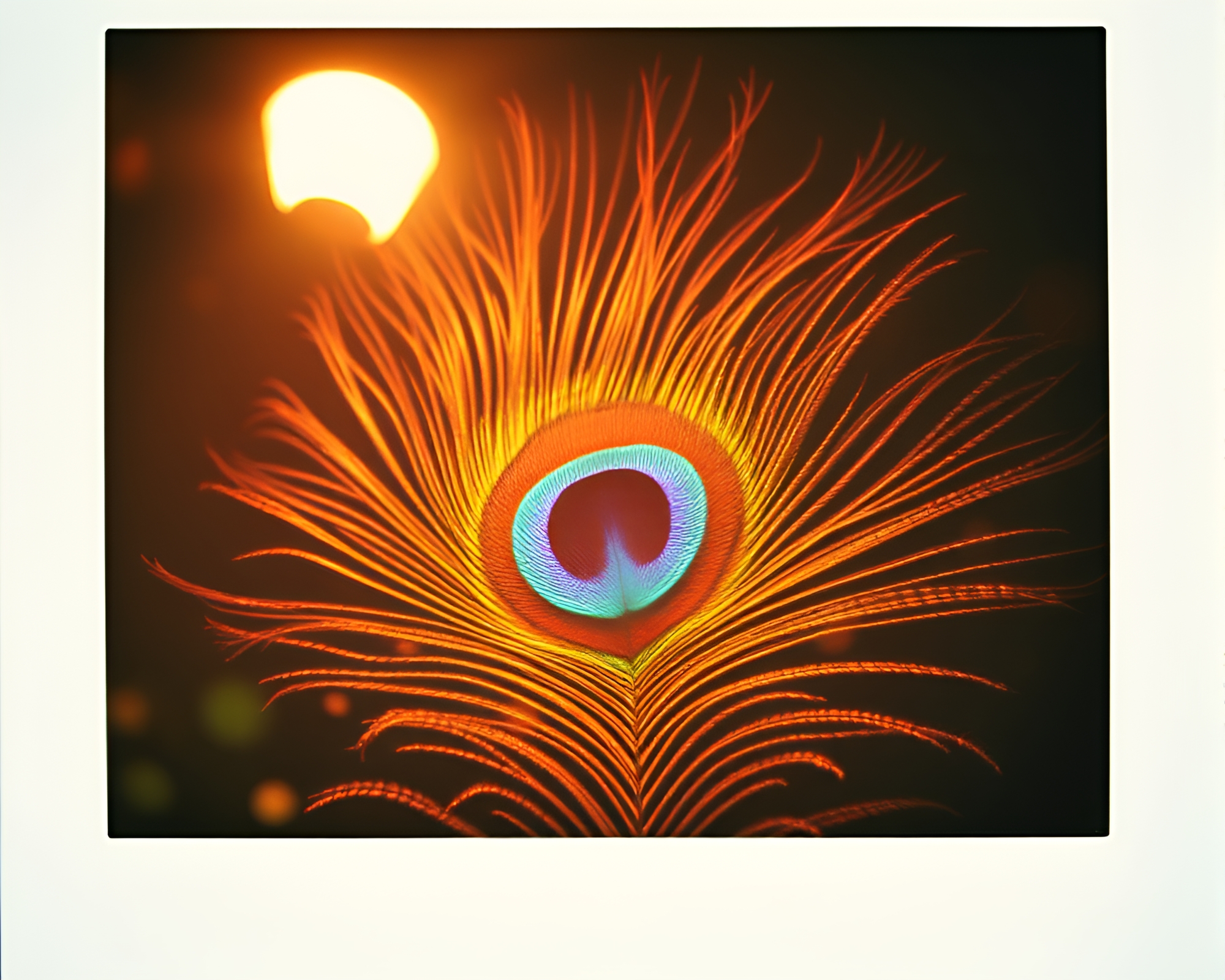 Fractal Peacock Feather Illuminated by Streetlamp in Polaroid Frame – free AI stock image