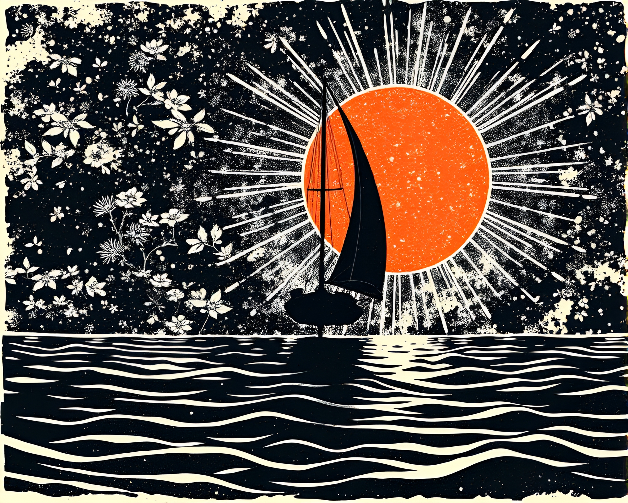 Solar Sailboat Eclipse Shadow Linocut Illustration – free AI stock image
