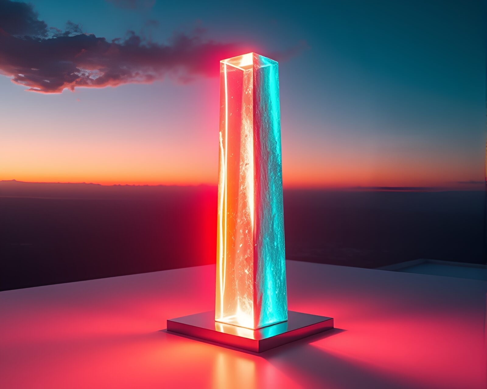 Majestic monolith glowing amidst LED topaz lights display
