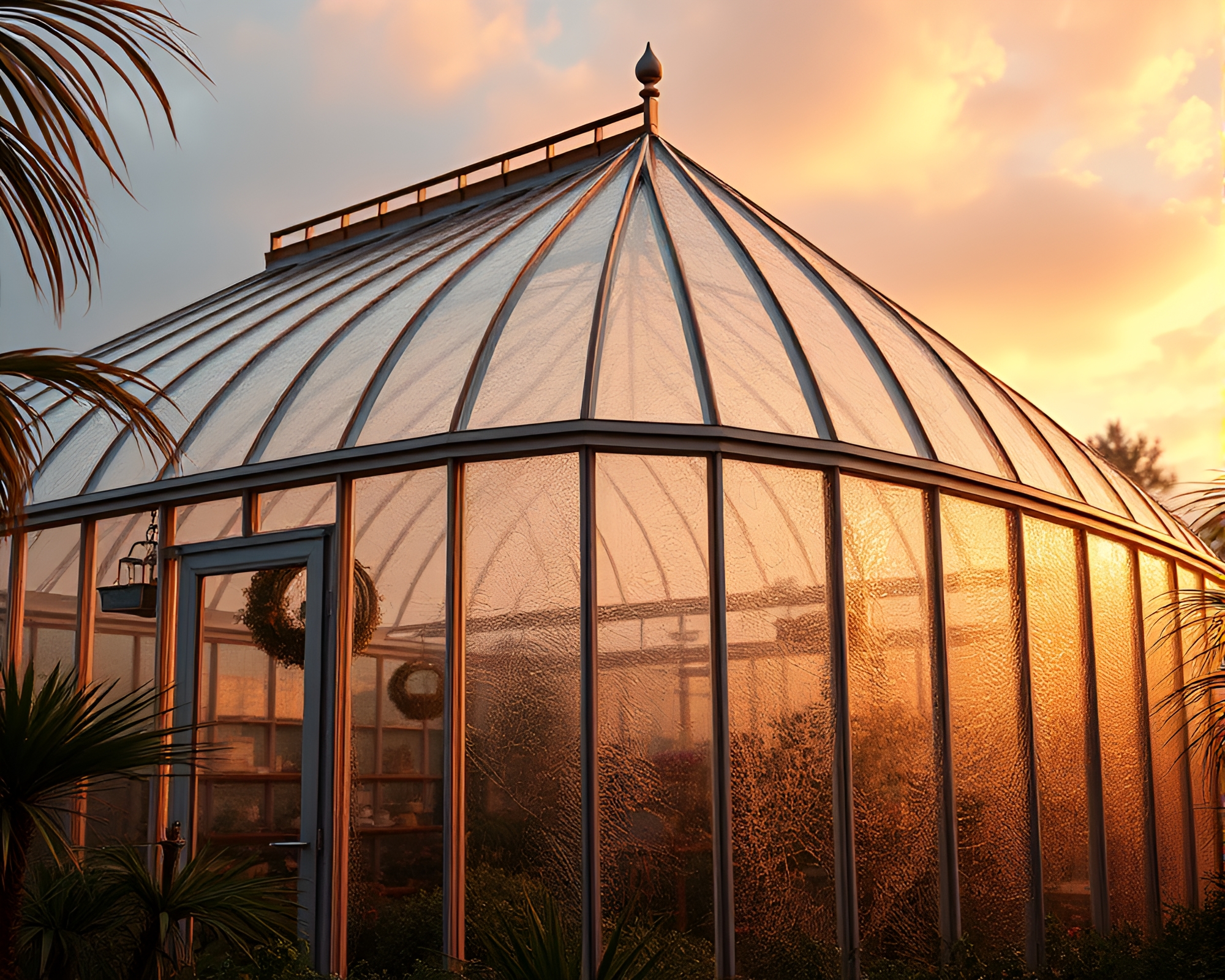 Peachy Glow Glass Greenhouse with Metallic Scratches – free AI stock image