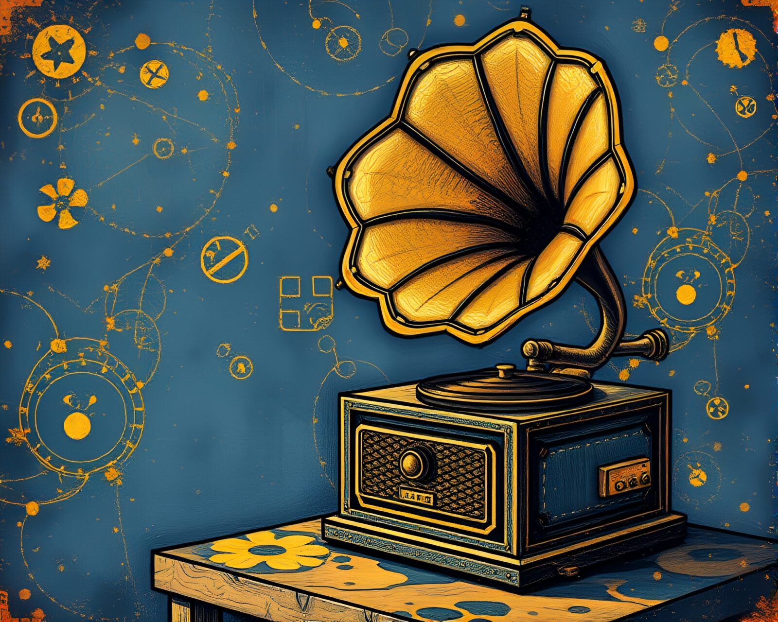 A faded denim-colored steampunk gramophone in intricate pointillism style