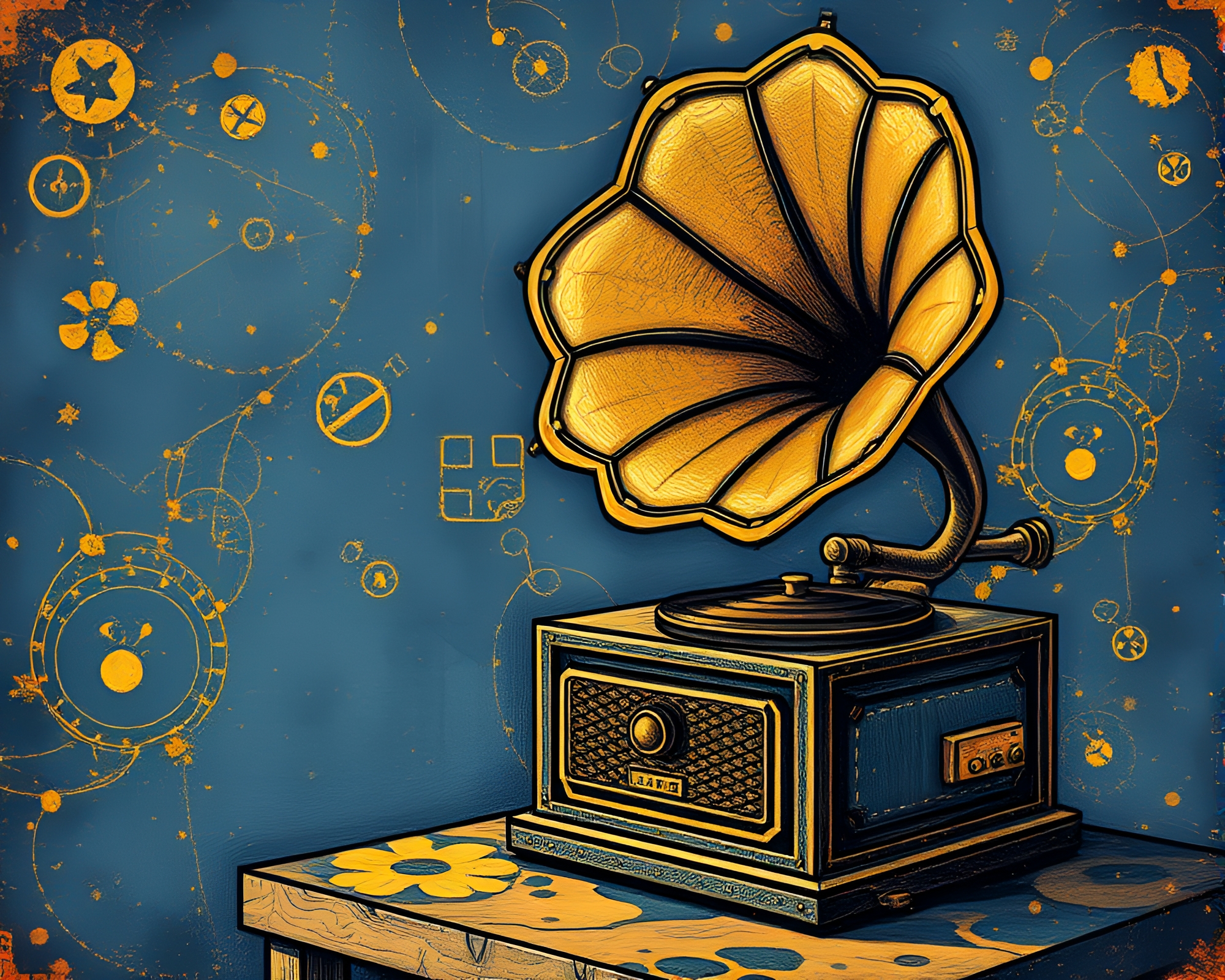 Steampunk Gramophone with Foil Stamping Pointillism Art – free AI stock image