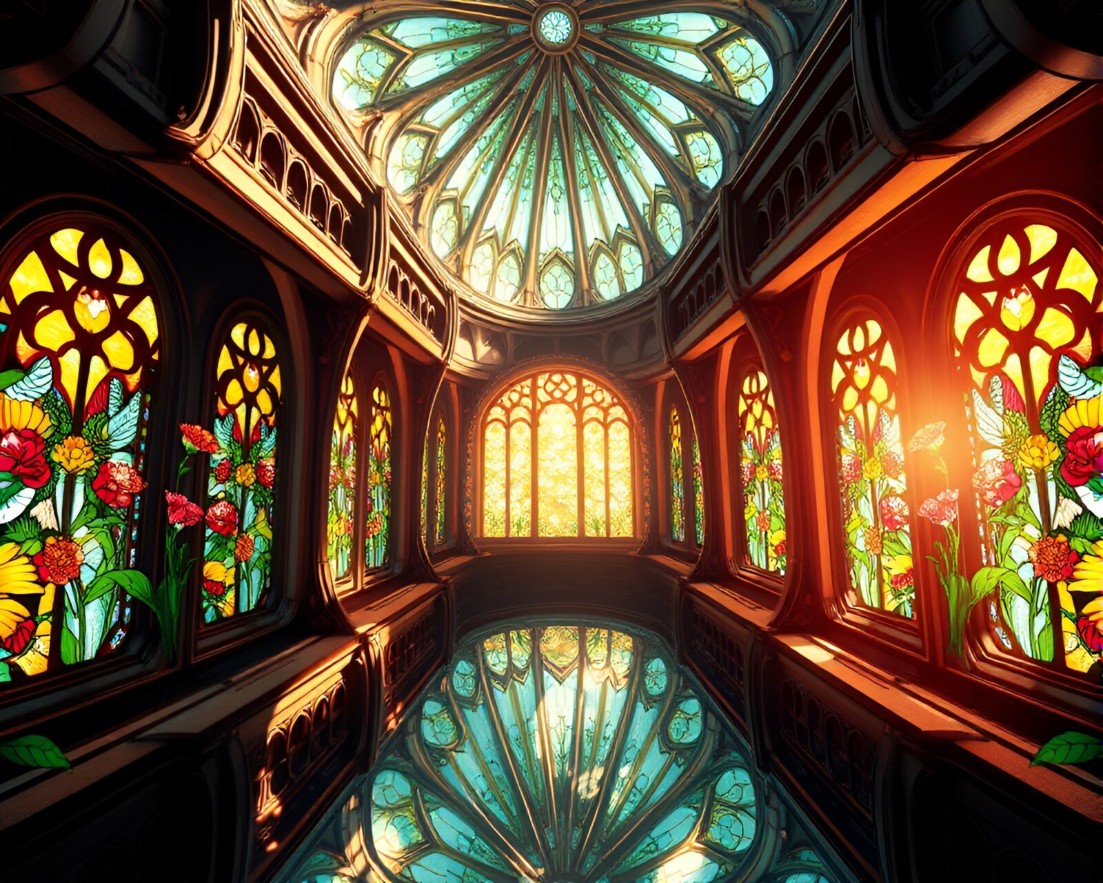 A stunning illustration of intricate botanic patterns under stained glass light
