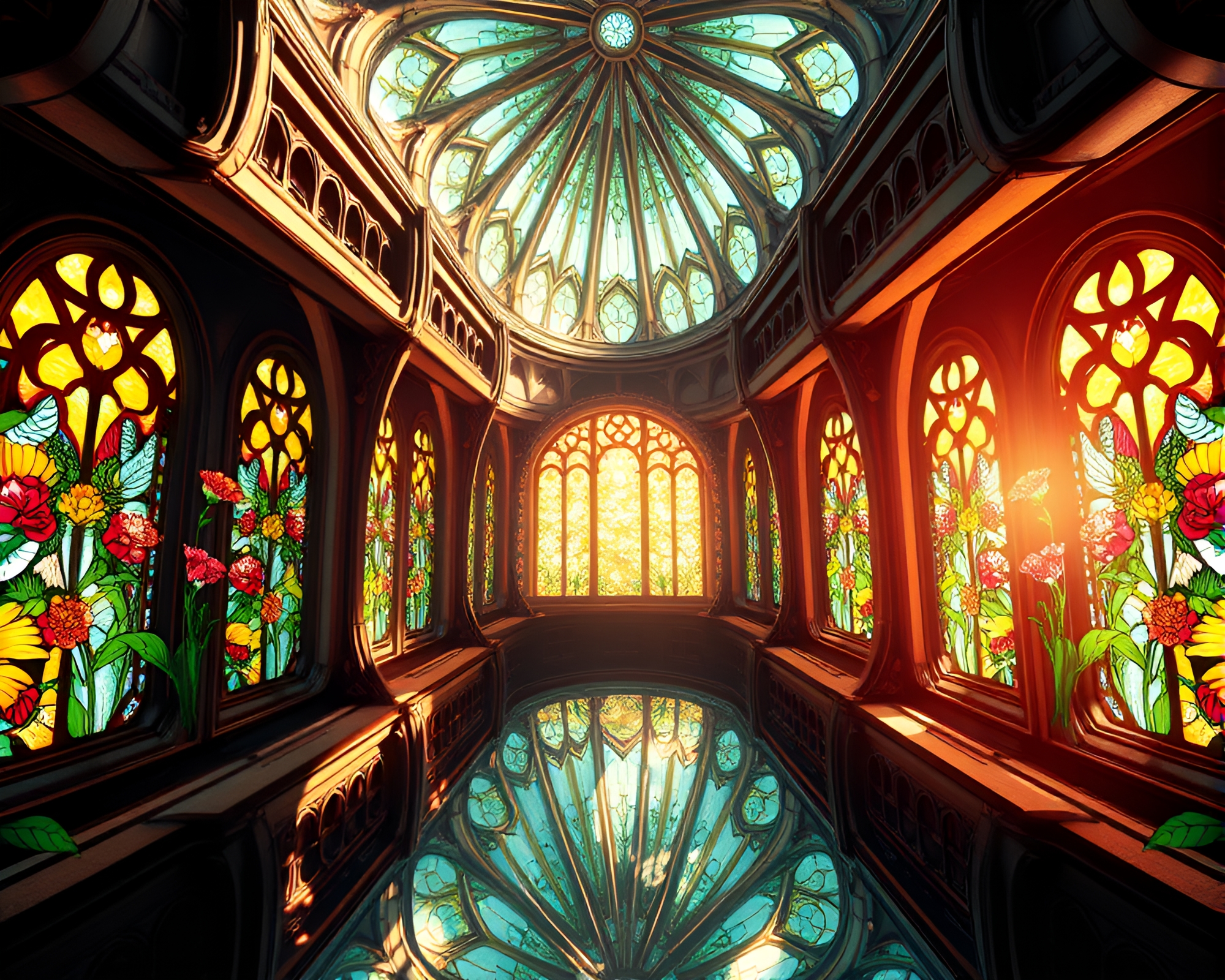 Botanical Cathedral: Mirror Symmetry meets Telescope Light – free AI stock image