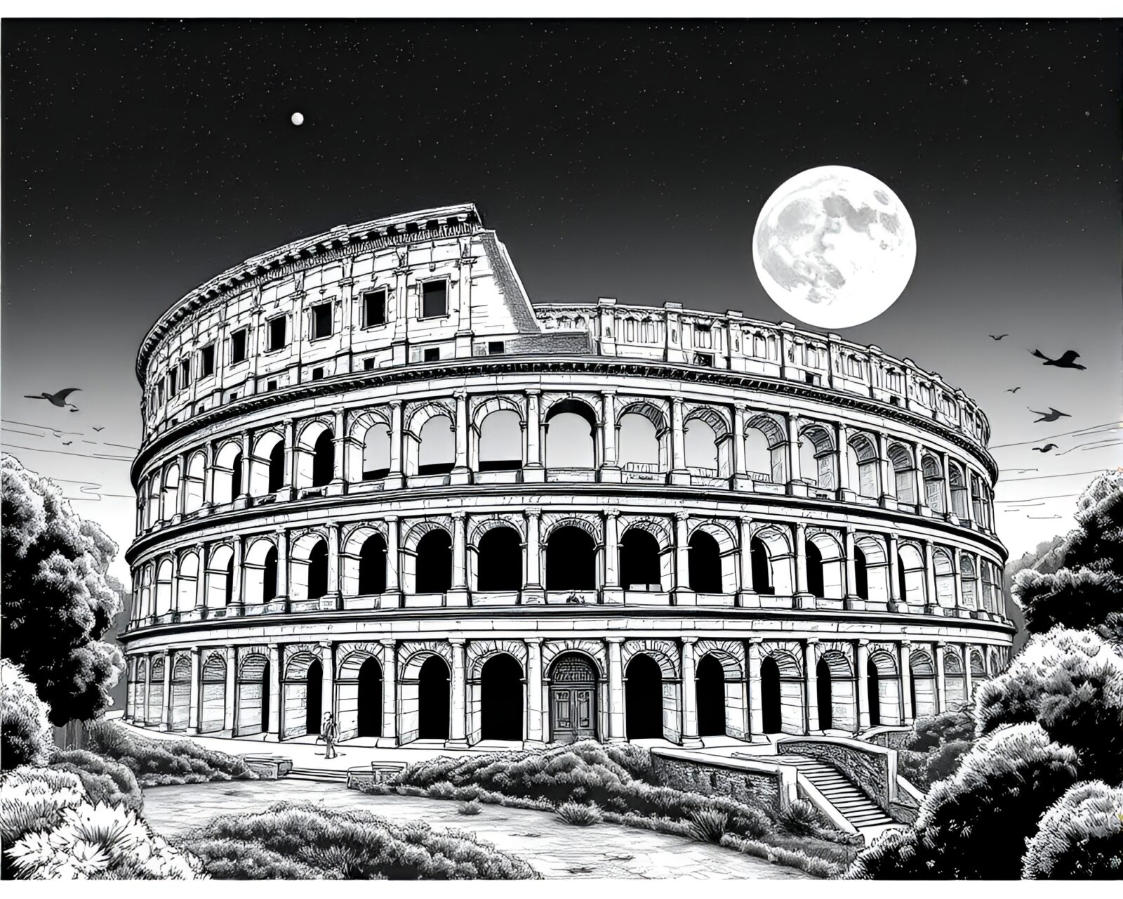 Utopian-style retro Roman coliseum under crosshatched sky