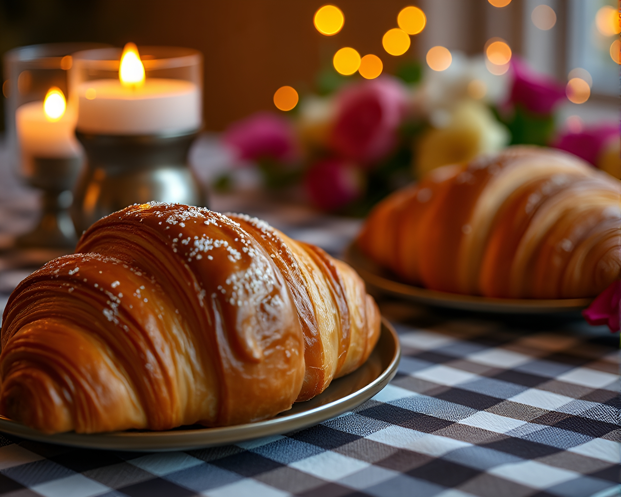 Croissant Candlelit Checkered Pattern Composition – free AI stock image