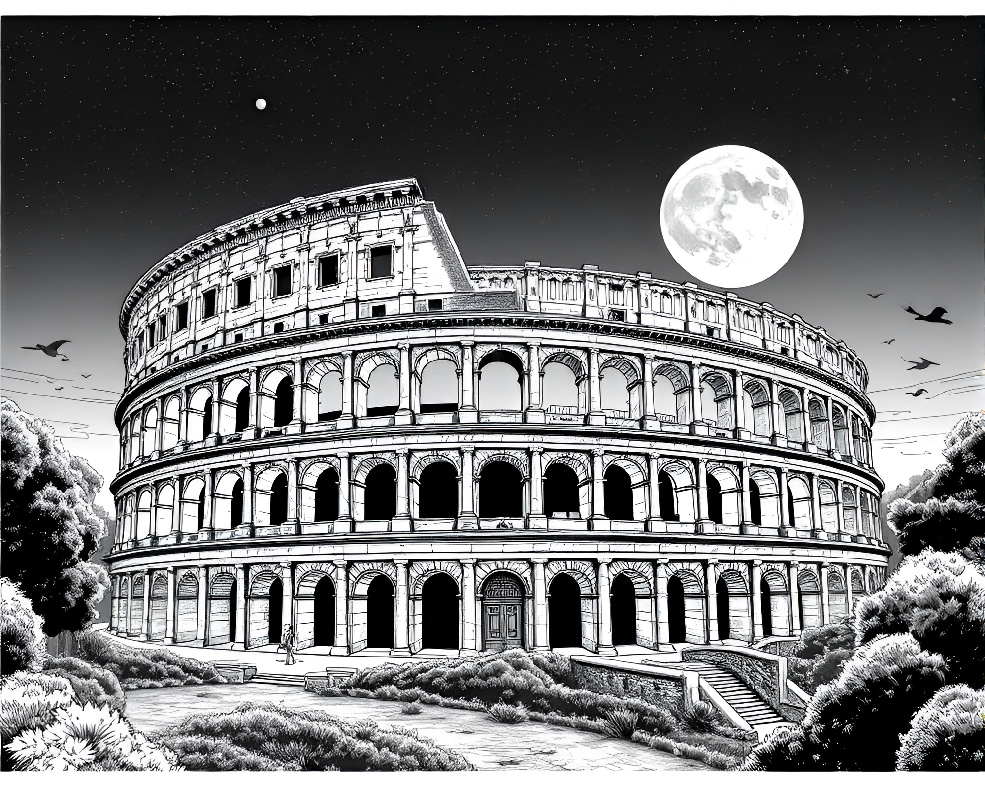 Crosshatched Roman Coliseum with Retro Scanlines – free AI stock image